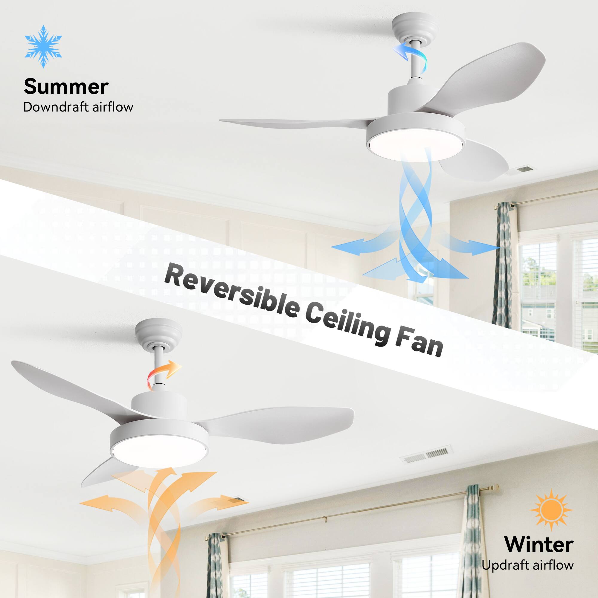 Summer  
Downdraft airflow  

Reversible Ceiling Fan  

Winter  
Updraft airflow