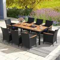 Costway 9 PCS Outdoor Dining Set with Acacia Wood Tabletop, Umbrella Hole, Seat Cushions - Brown & Navy - Front_Zoom