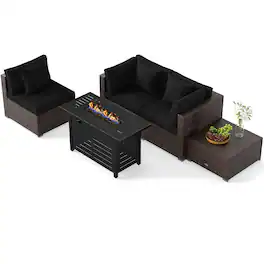 Gymax - Set of 5 Patio Furniture Set Heavy-duty Frame Rattan Sofa Set w/ 60000 BTU Firepit Table - Black