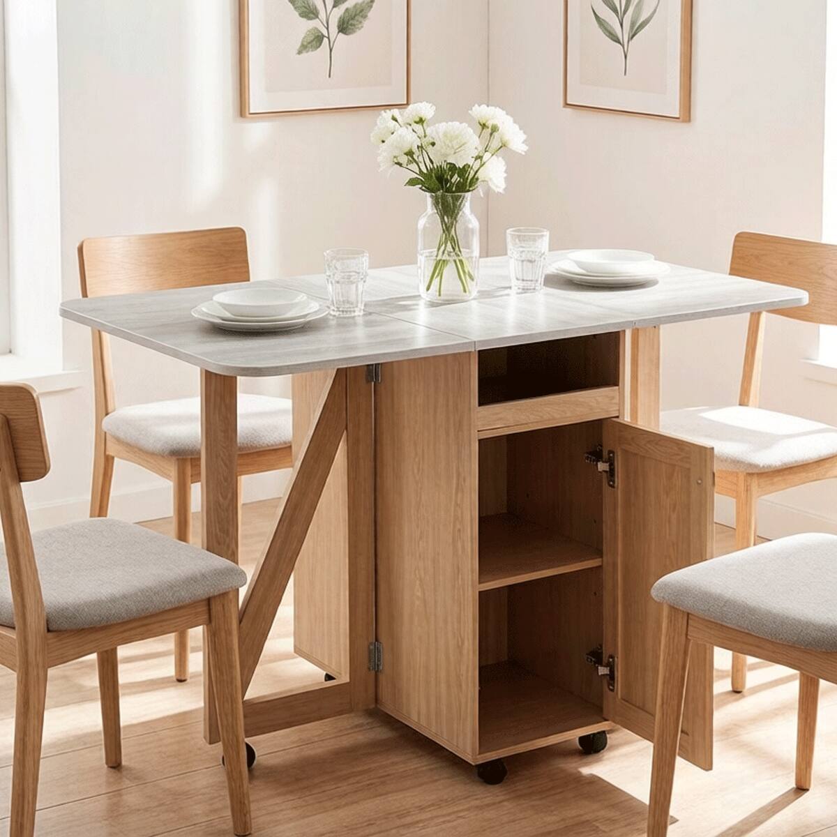 Left. Loheer - Loheer Folding Dining Table with Storage Cabinet, Rolling Kitchen Island Cart for Small Spaces - Light Oak and Slate.