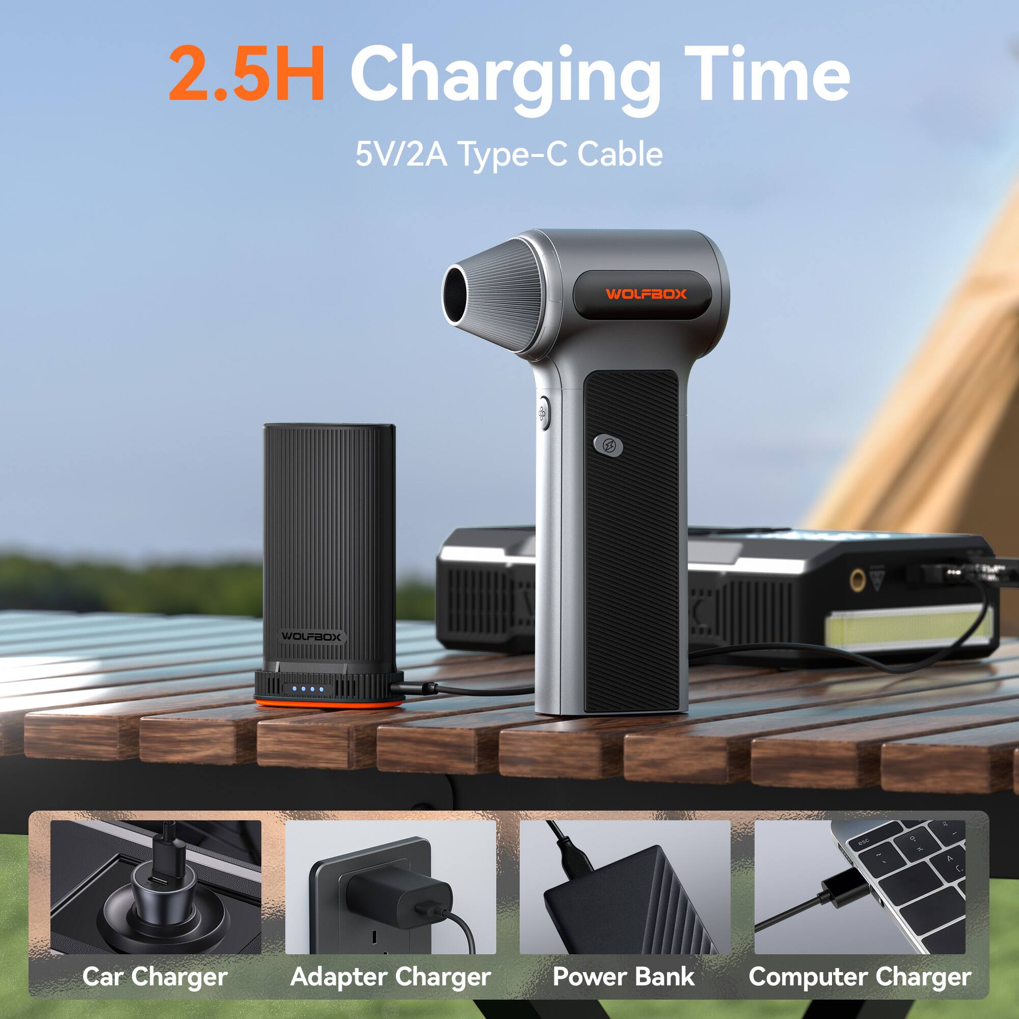 2.5H Charging Time  
5V/2A Type-C Cable  

WOLFBOX  

Car Charger  
Adapter Charger  
Power Bank  
Computer Charger