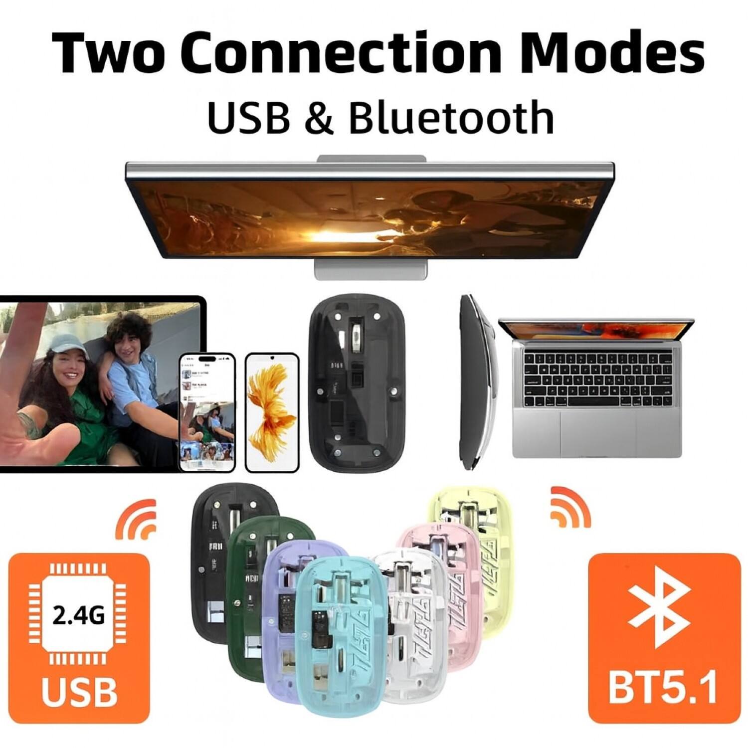 Two Connection Modes  
USB & Bluetooth  

2.4G USB  
BT5.1