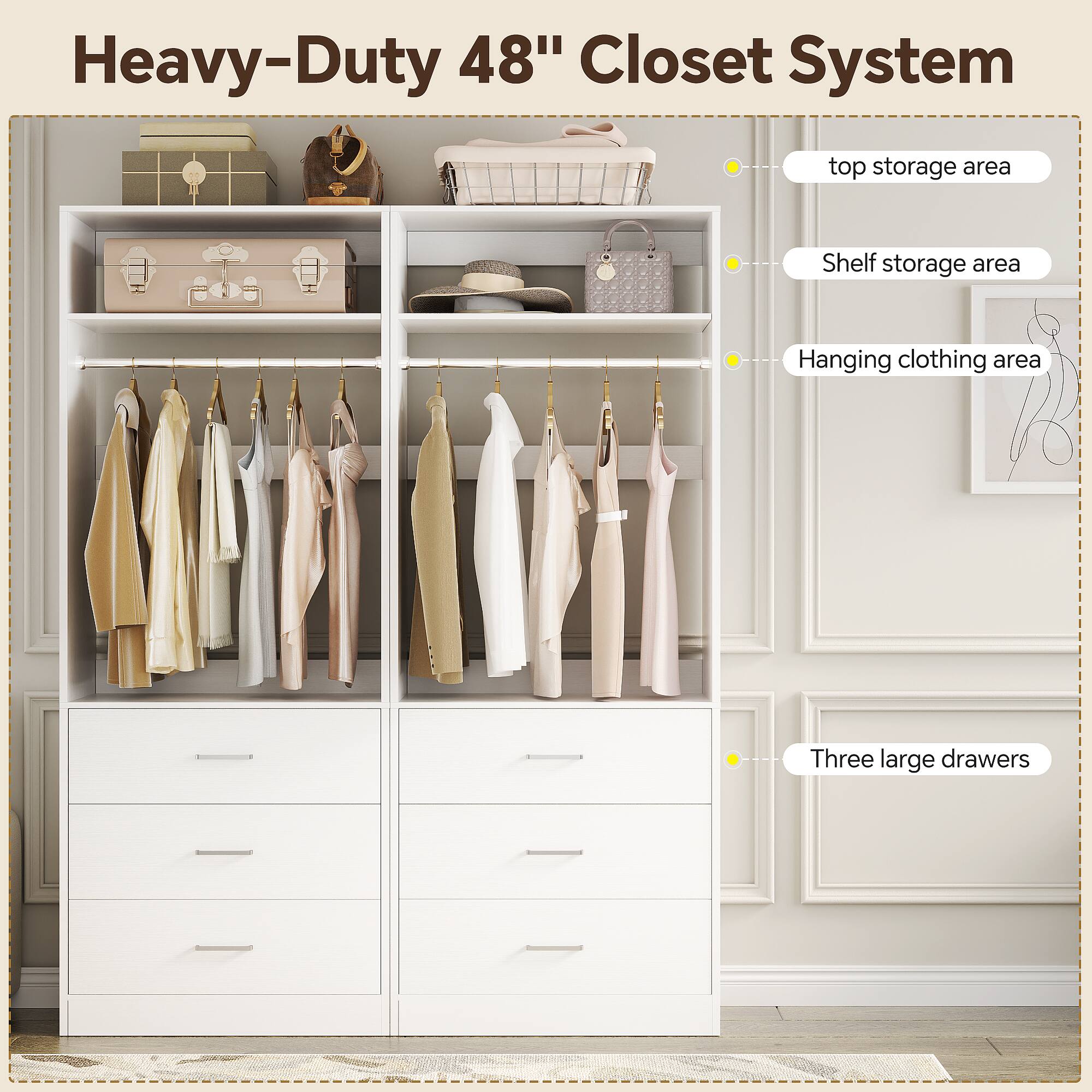 Heavy-Duty 48" Closet System

- top storage area
- Shelf storage area
- Hanging clothing area
- Three large drawers