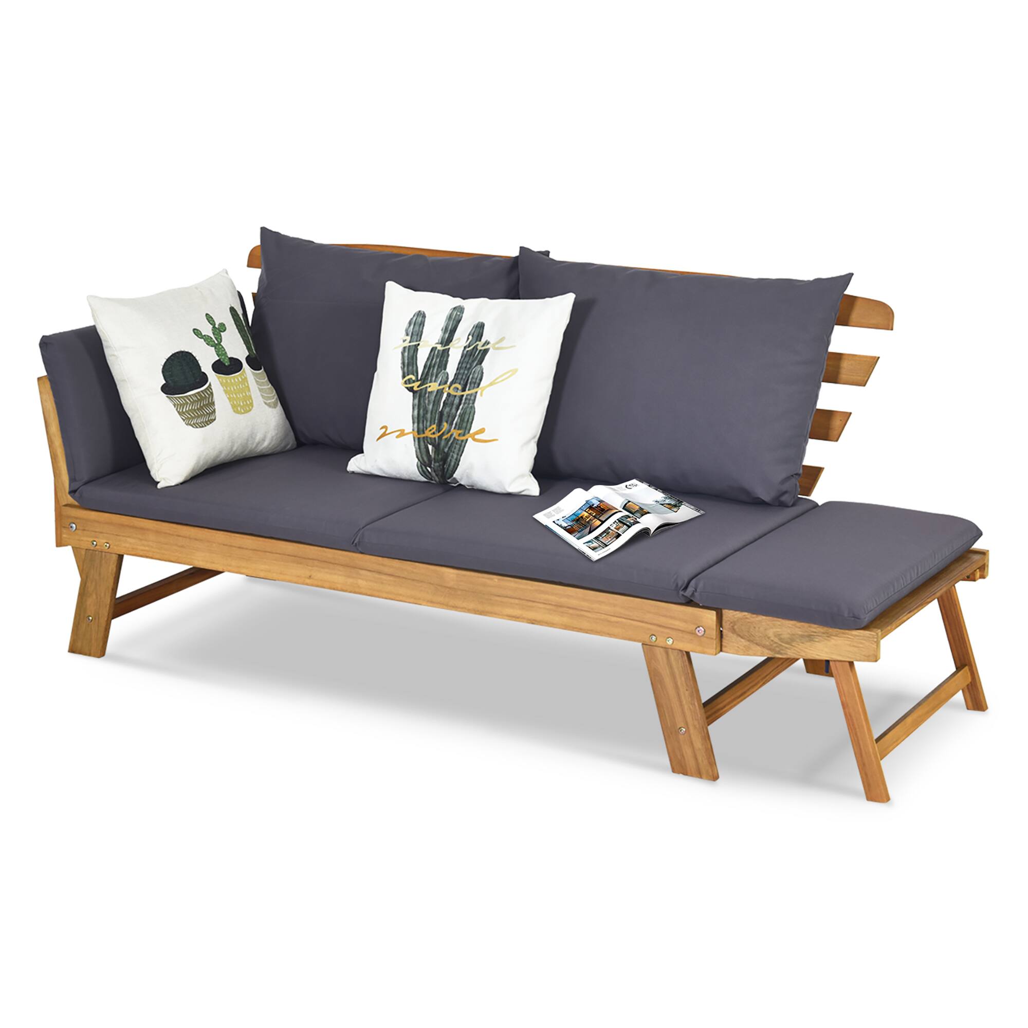 Alt View 9. Gymax - Gymax Adjustable Patio Sofa Daybed Acacia Wood Furniture w/ Cushion Pillow - Grey.