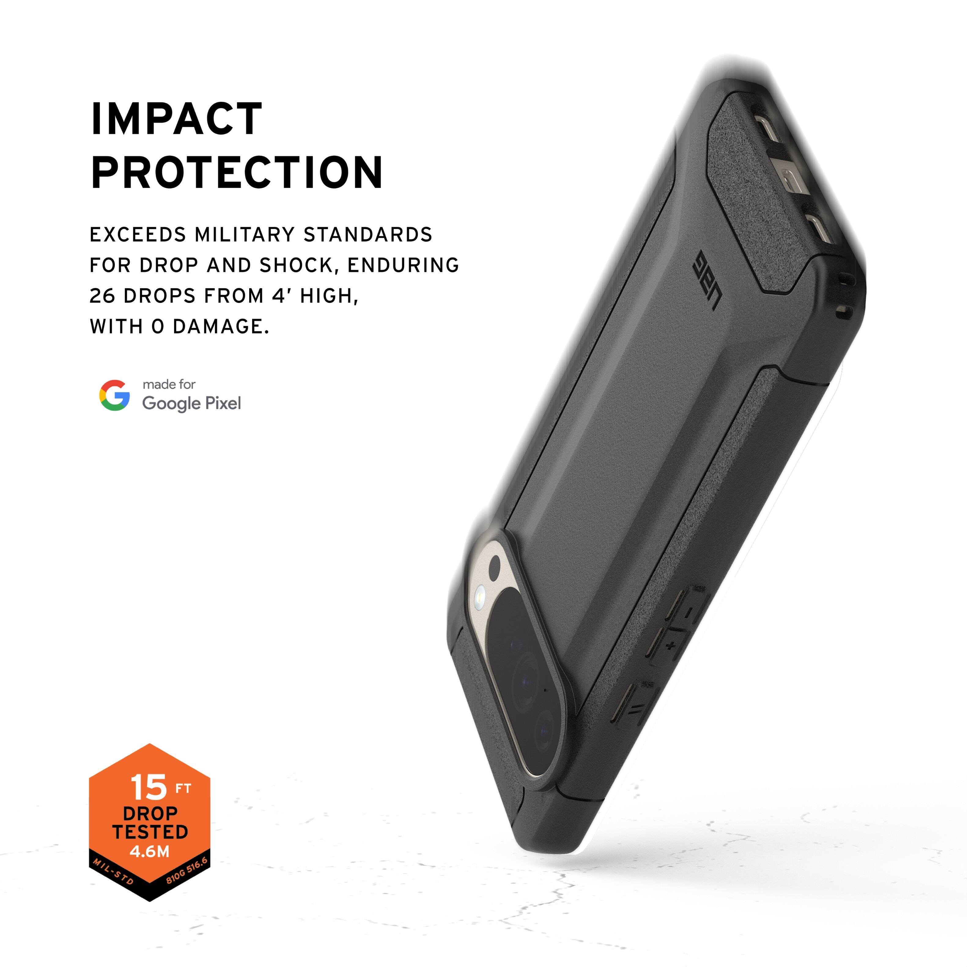 IMPACT PROTECTION

EXCEEDS MILITARY STANDARDS FOR DROP AND SHOCK, ENDURING 26 DROPS FROM 4' HIGH, WITH 0 DAMAGE.

made for Google Pixel

15 FT DROP TESTED 4.6M MIL-STD-810G