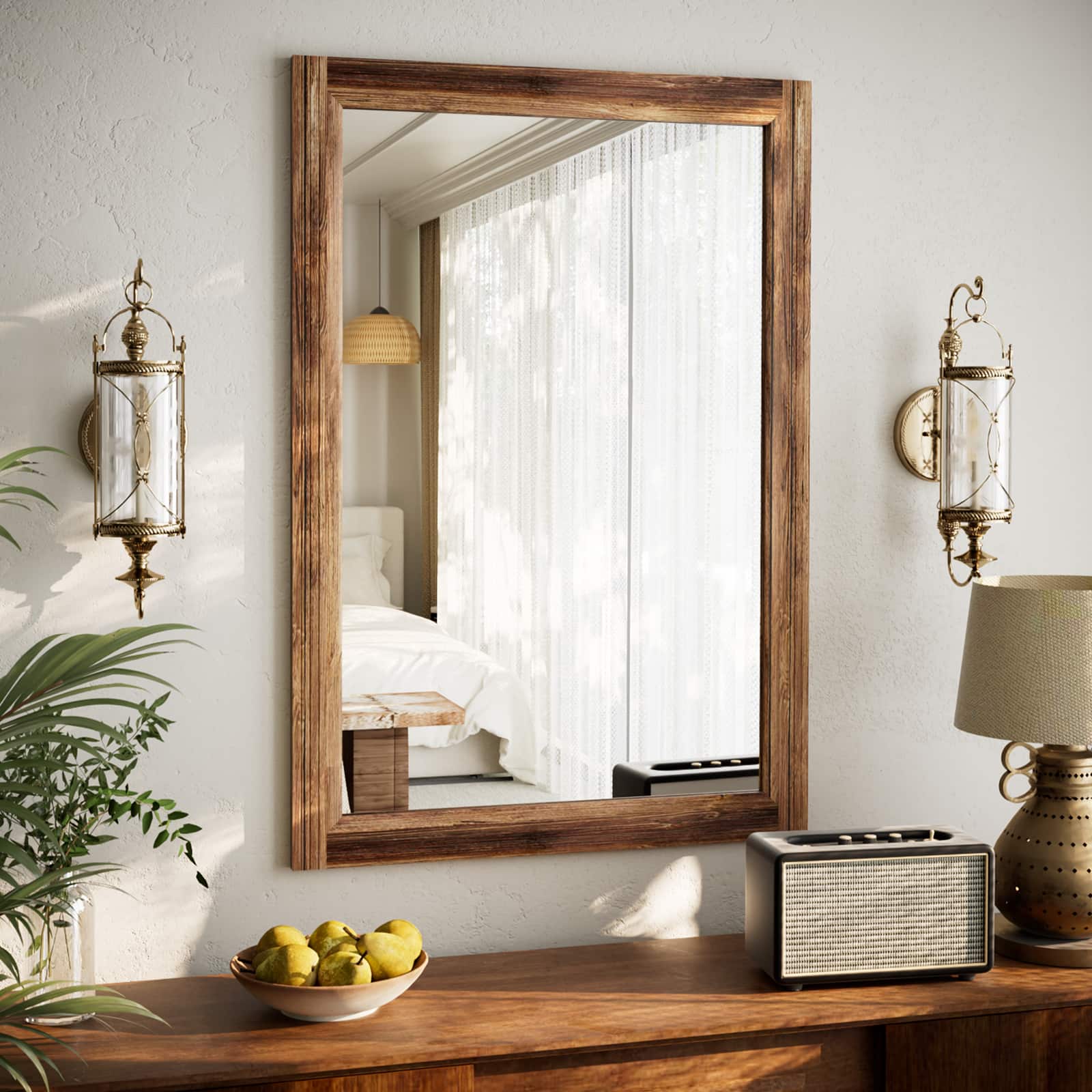 Easly - Antique Brown 24 in. W x 36 in. H Rectangle Wood Framed Vanity Wall Mirror - Walnut