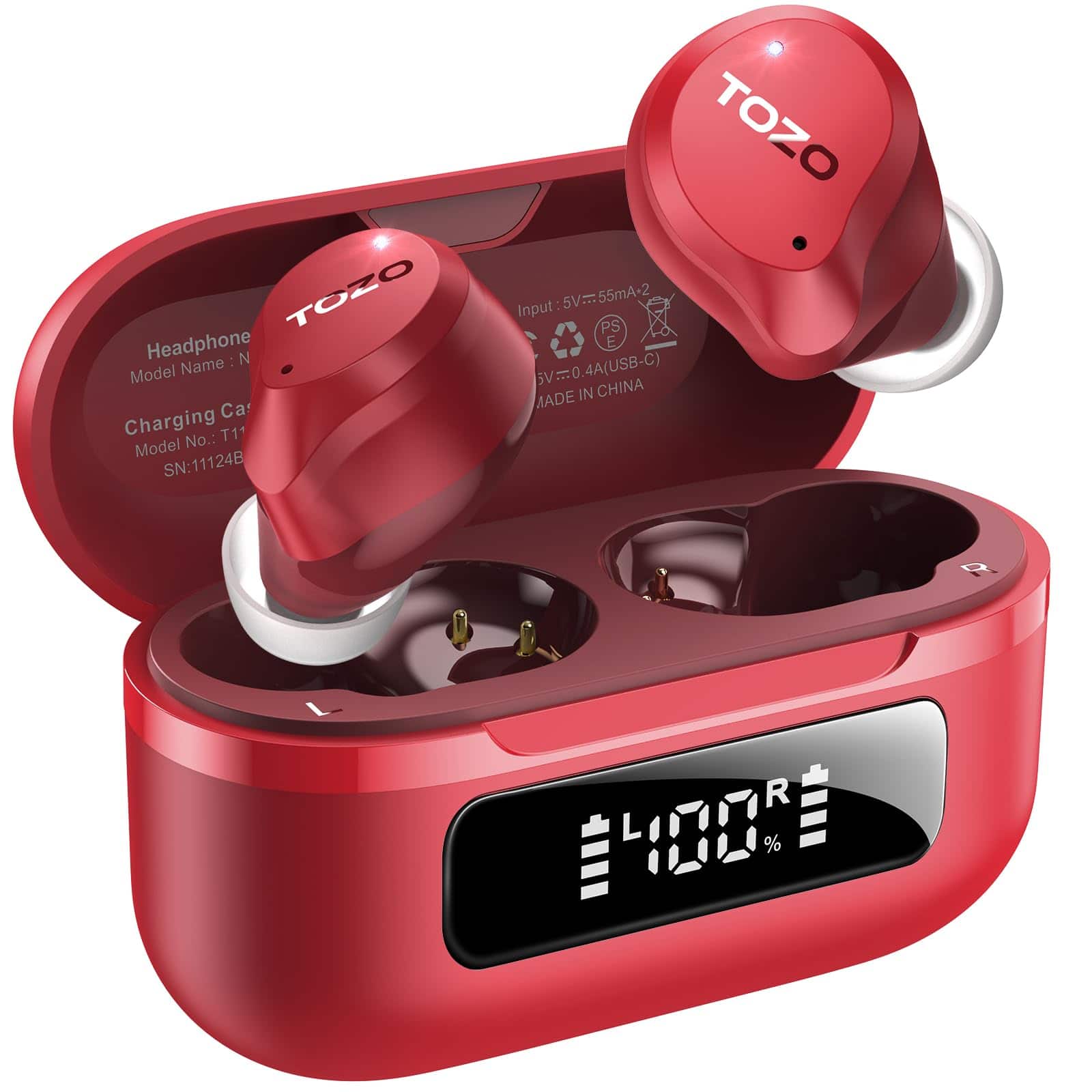 TOZO Headphone - N  
Model Name: N  
Charging Case:  
Model No.: T11  
SN: 11124B  

Input: 5V=55mA-2  
5V=0.4A (USB-C)  

MADE IN CHINA