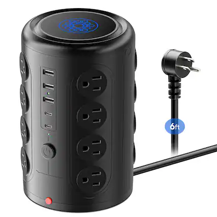 Front. Dazzed Corner - 16 Outlets Heavy Duty Power Strip Tower, 6 FT Extention Cord - Black.