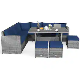 Costway - 7 PCS Patio Rattan Dining Set Sectional Sofa Couch Ottoman - Navy