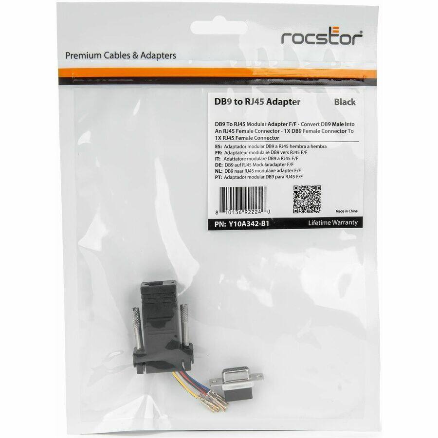 Premium Cables & Adapters

DB9 to RJ45 Adapter
Black

DB9 to RJ45 Modular Adapter F/F - Convert DB9 Male Into An RJ45 Female Connector - 1X DB9 Female Connector To 1X RJ45 Female Connector

ES: Adaptador modular DB9 a RJ45 hembra a hembra
FR: Adaptateur modulaire DB9 vers RJ45 F/F
IT: Adattatore modulare DB9 a RJ45 F/F
DE: DB9 auf RJ45 Modularadapter 1/7
NL: DB9 naar RJ45 modulaire adapter 7
PT: Adaptador modular DB9 para RJ45 F/F

PN: Y10A342-B1
Made in China
Lifetime Warranty

10136 92224 0