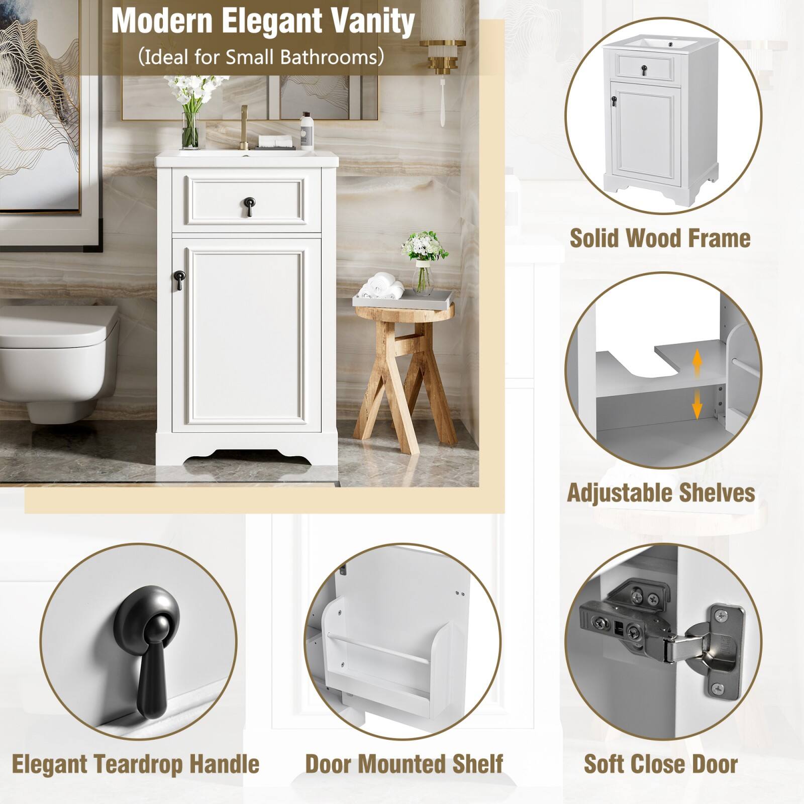 Modern Elegant Vanity  
(Ideal for Small Bathrooms)

- Solid Wood Frame
- Adjustable Shelves
- Elegant Teardrop Handle
- Door Mounted Shelf
- Soft Close Door