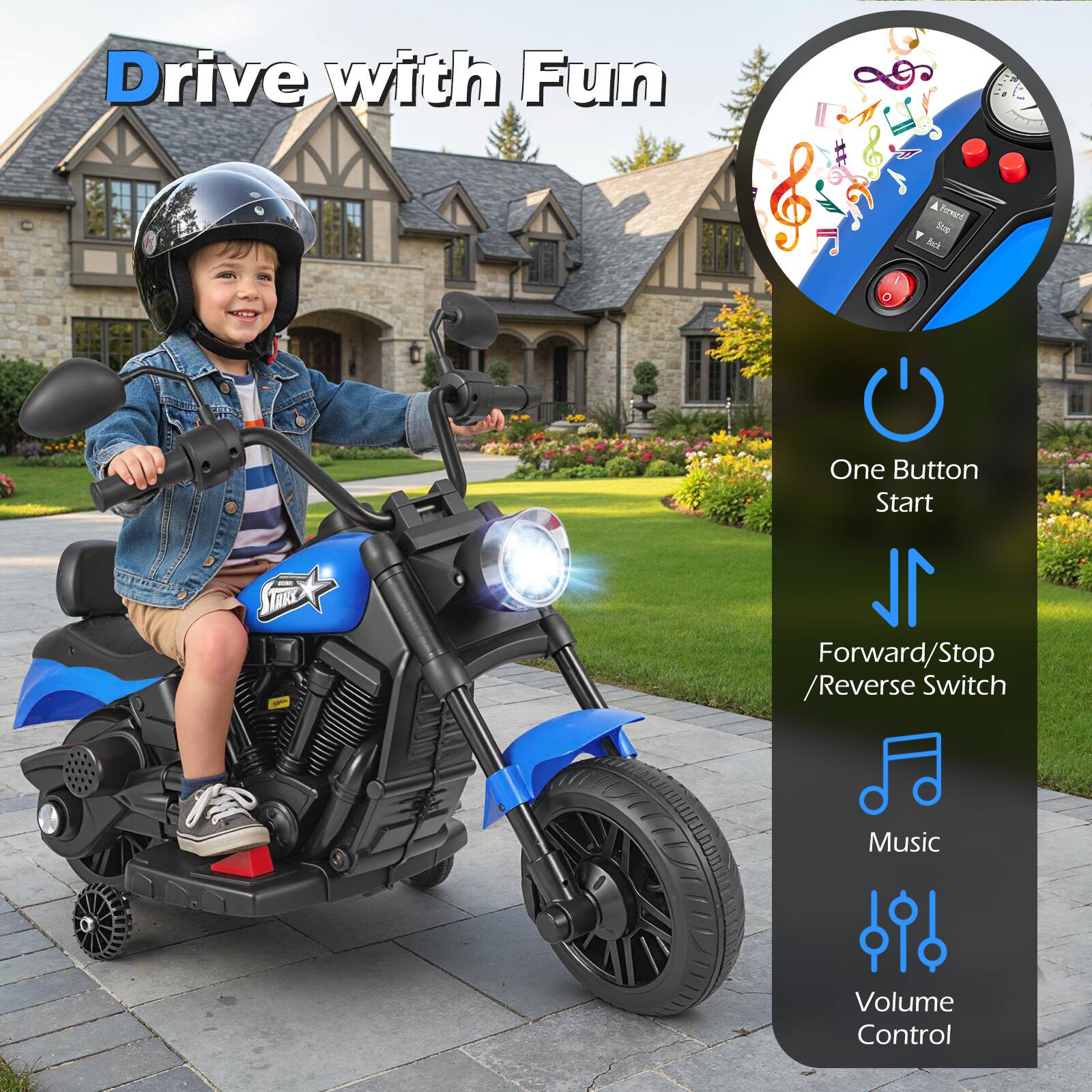 Drive with Fun

- One Button Start
- Forward/Stop / Reverse Switch
- Music Volume Control