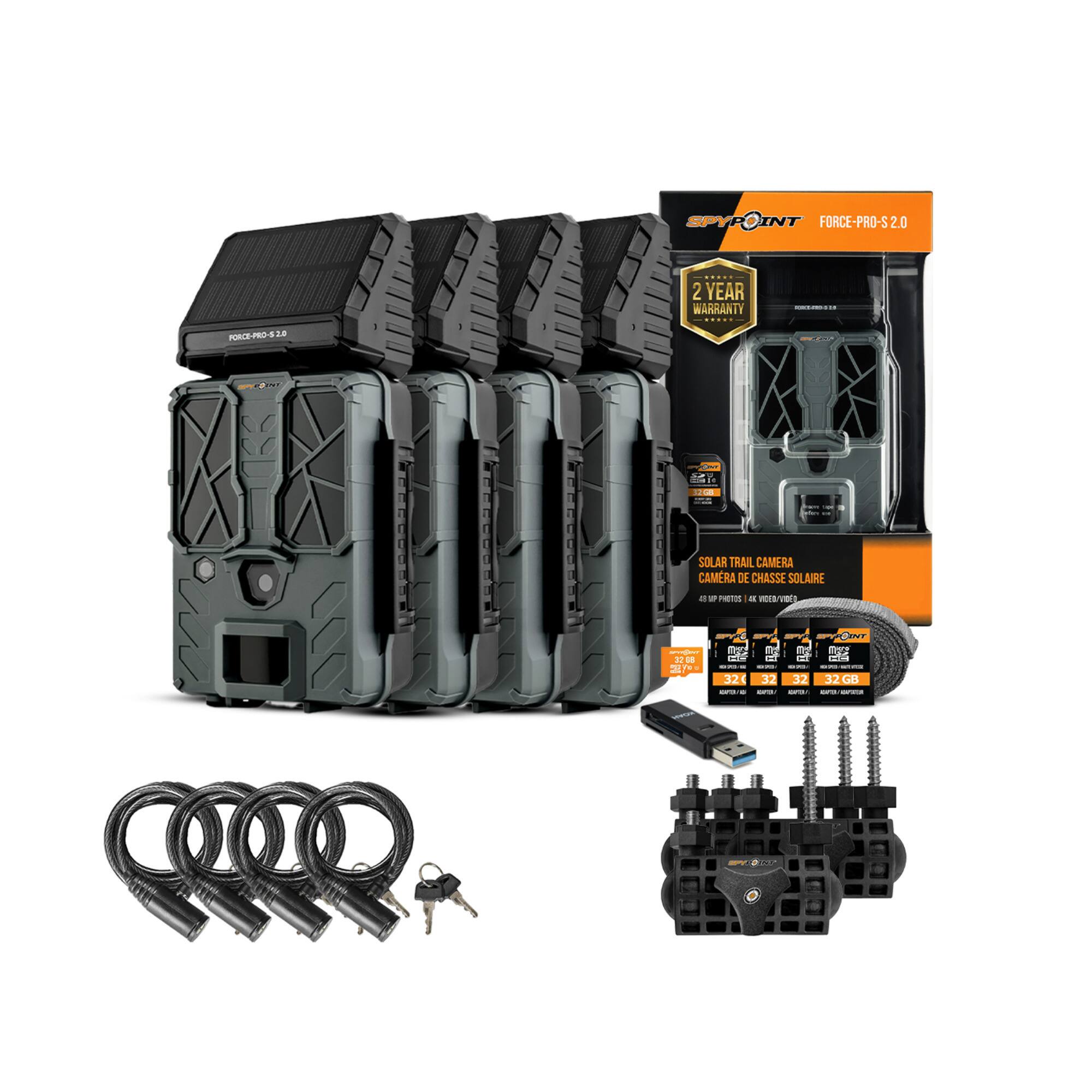 SPYPOINT SPYR INT FORCE-PRO-S 2.0  
2 YEAR WARRANTY  
COCTS SOACE-PRD-S  

SOLAR TRAIL CAMERA  
CAMERA DE CHASSE SOLAIRE  

- 4.5 MP PHOTOS & VIDÉOS  
- 32 GB  
- 32 GB  
- 32 GB  
- 32 GB
