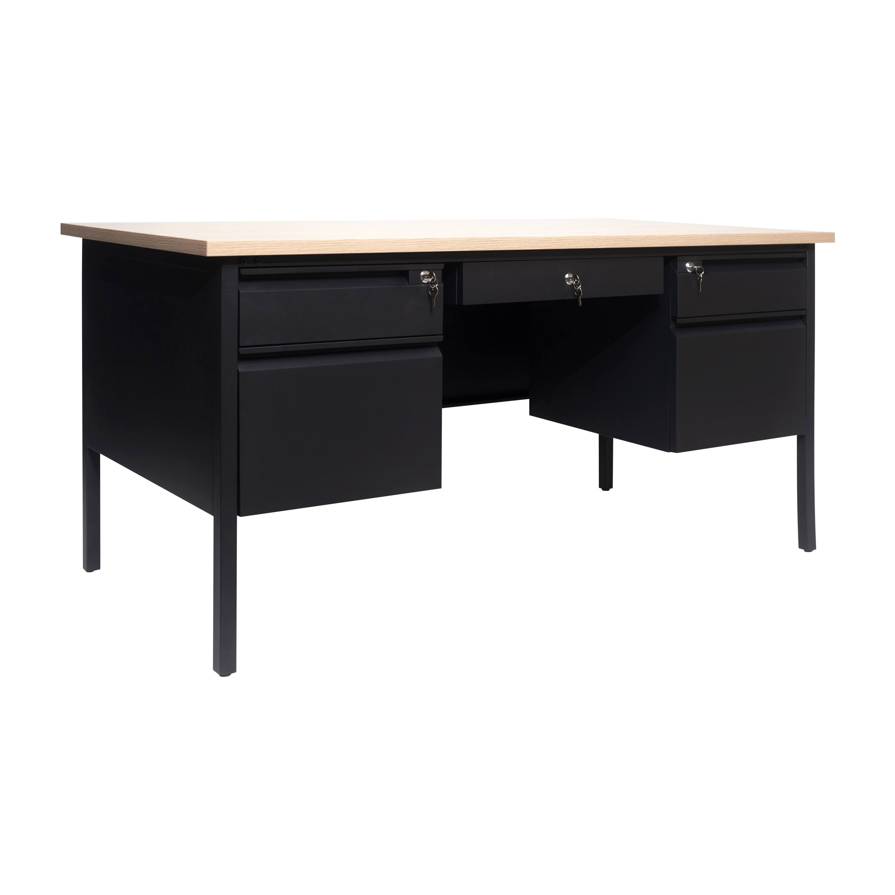 Flash Furniture - Cambridge Commercial Grade 30x60 Double Pedestal Desk with 5 Locking Drawers, White Oak Top and Black Frame - Brown