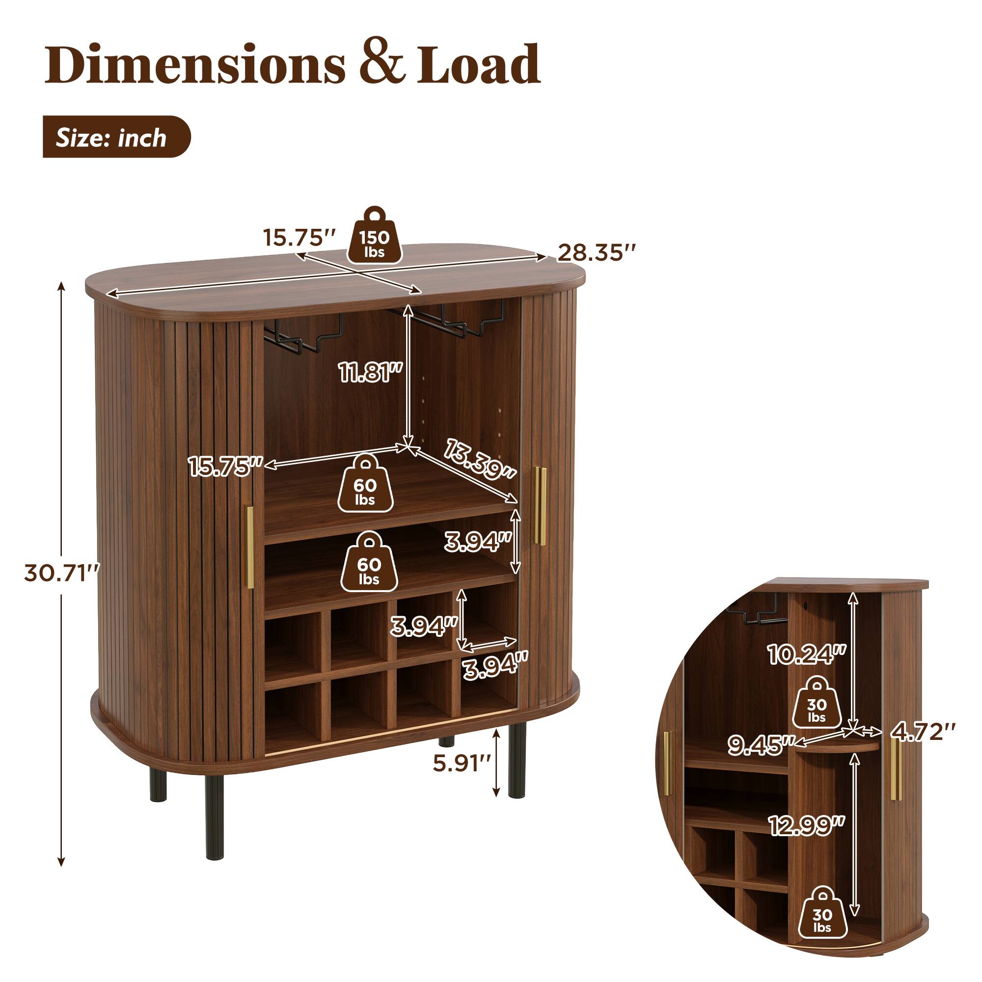 Dimensions & Load Size:  
- 15.75" x 11.81" x 15.75" - 150 lbs  
- 28.35" x 13.39" x 30.71" - 60 lbs  
- 3.94" x 3.94" x 5.91" - 30 lbs  
- 9.45" x 4.72" x 12.99" - 30 lbs