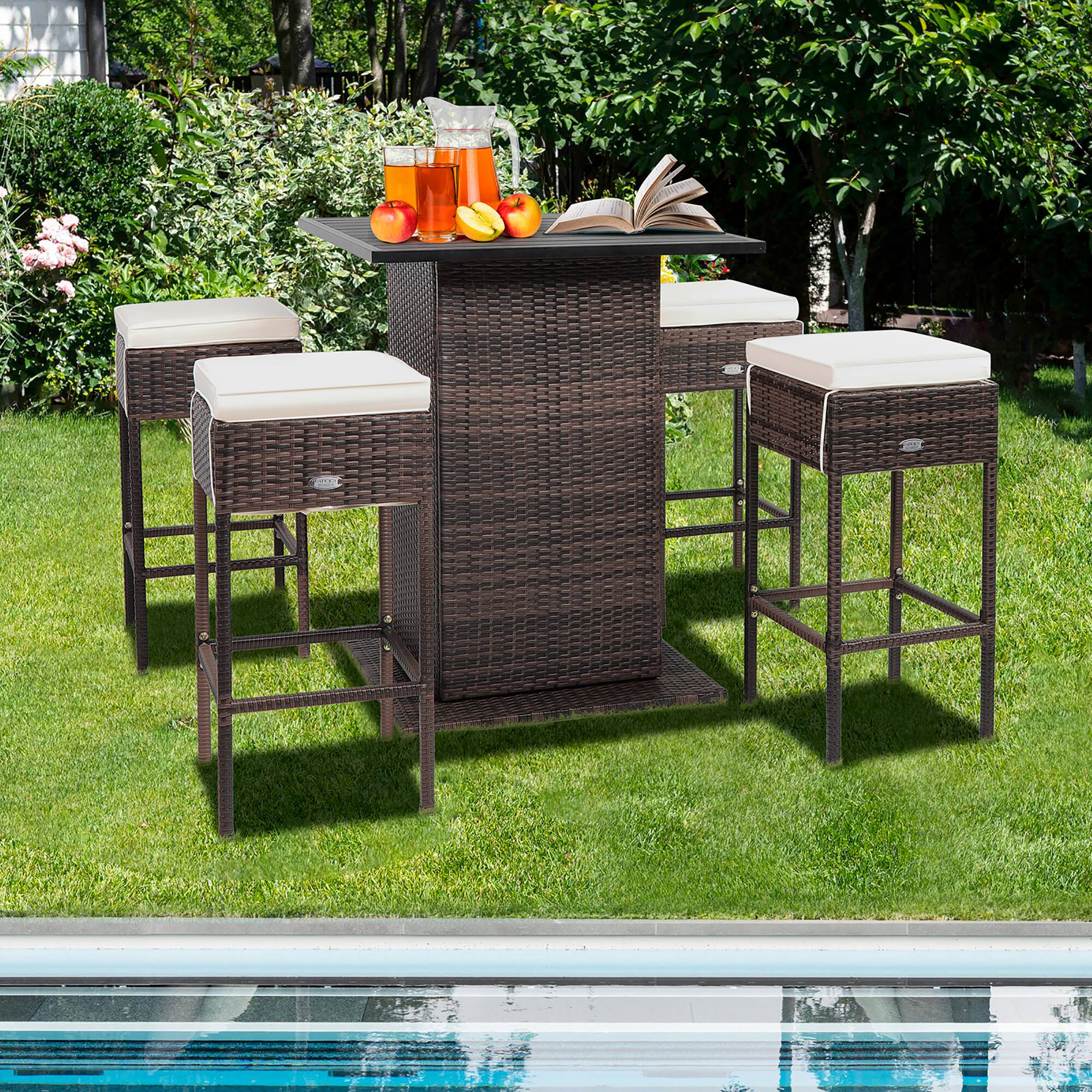Alt View 3. Gymax - Gymax 5PCS Patio Bar Set Rattan Bar Furniture Set w/ Table & 4 Cushioned Stools - Brown + Beige + Black.
