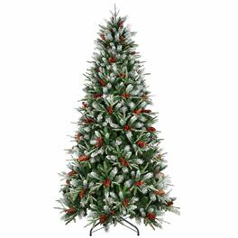 RYHNUYNE - 7.5FT Christmas Tree With Red Berries Pine Cones, 2514 Snow-Dusted PE+PVC Branches Hinged Design Sturdy Metal Stand - Green,White