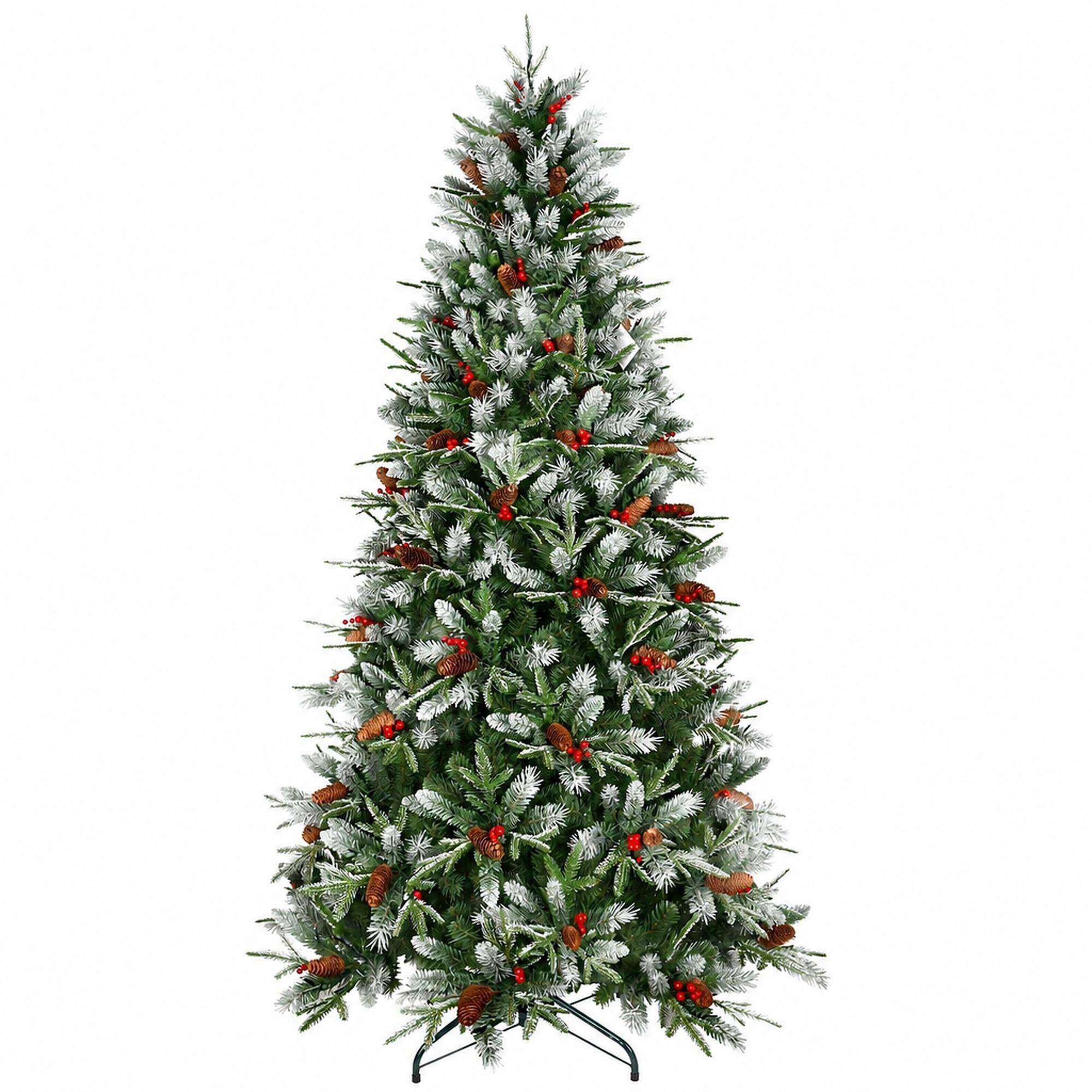 Front. RYHNUYNE - 7.5FT Christmas Tree With Red Berries Pine Cones, 2514 Snow-Dusted PE+PVC Branches Hinged Design Sturdy Metal Stand - Green,White.