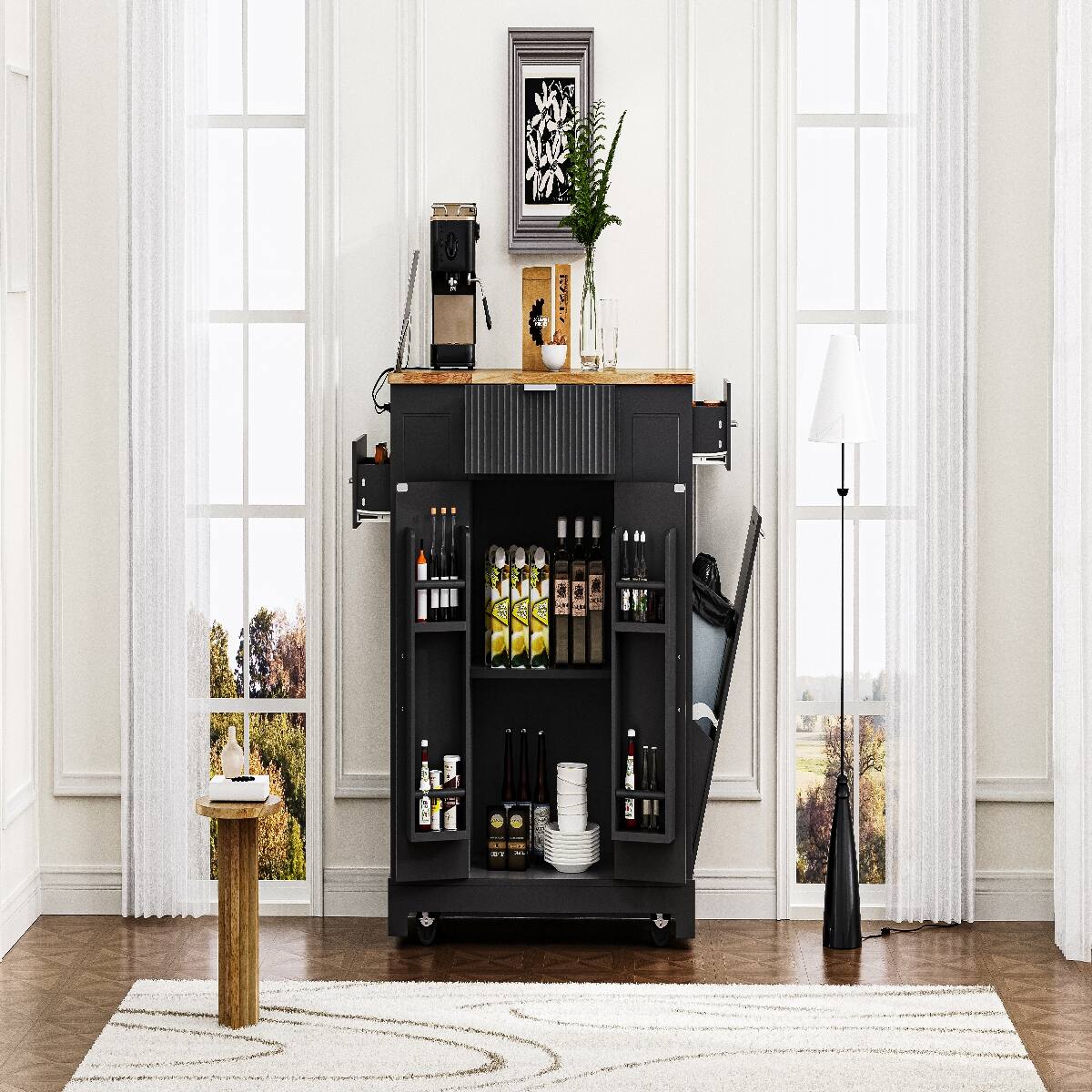 Left. Loheer - Loheer Black Fluted Kitchen Island with Trash Can Storage, Rubberwood Top & Power Outlet, 48.5in - Black.