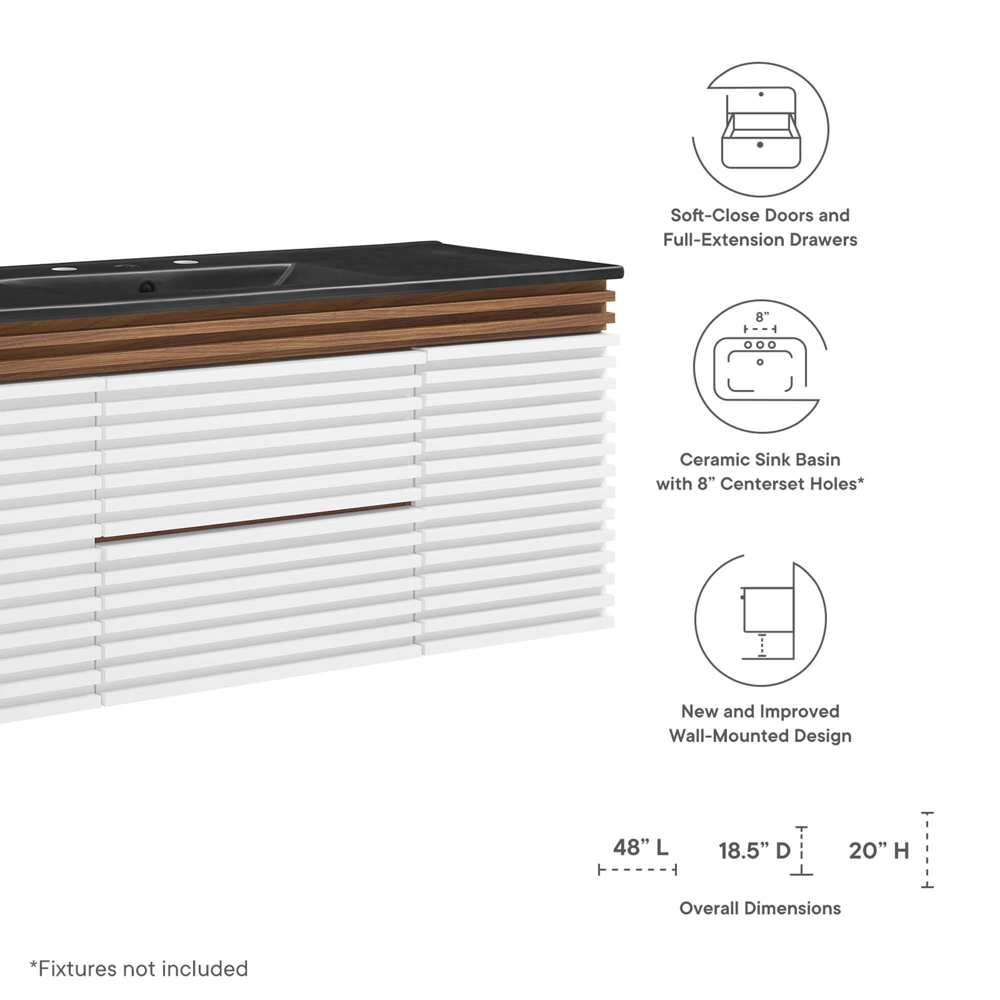 Soft-Close Doors and Full-Extension Drawers  
Ceramic Sink Basin with 8" Centerset Holes*  
New and Improved Wall-Mounted Design  

Overall Dimensions:  
48" L x 18.5" D x 20" H  

*Fixtures not included