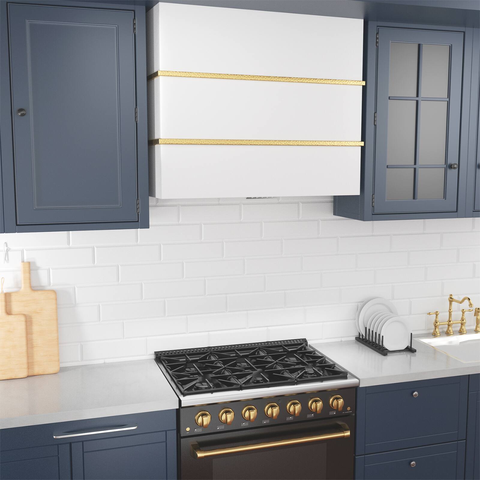 Alt View 5. Akicon - Akicon 36 in Stainless Steel Range Hood with Powerful Vent Motor, 600 CFM, 3 Speed, Wall Mount, in White with Gold - White with Gold.