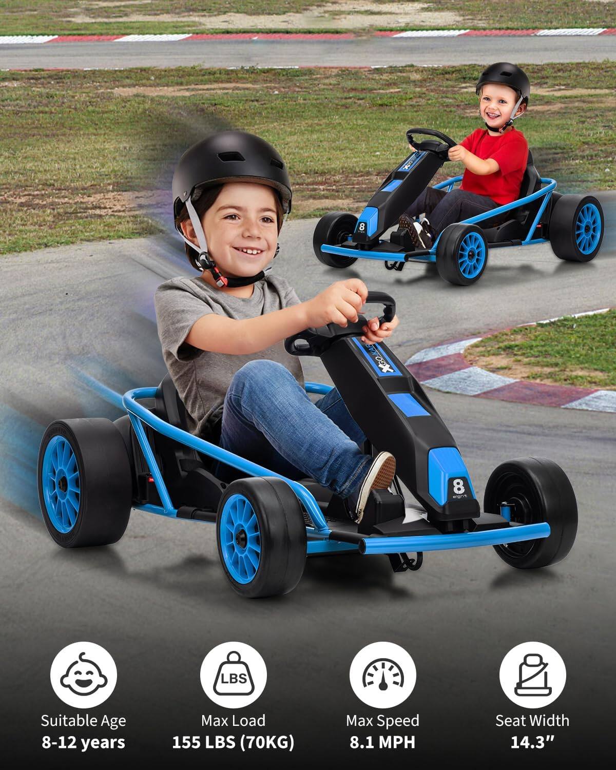 - Suitable Age: 8-12 years
- Max Load: 155 LBS (70KG)
- Max Speed: 8.1 MPH
- Seat Width: 14.3"