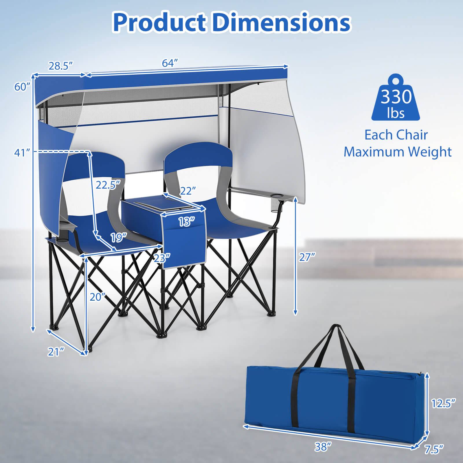 Product Dimensions  
28.5" x 64" x 60" x 41" x 330 lbs  
Each Chair Maximum Weight  
22.5" x 22" x 19" x 13" x 23" x 27" x 20" x 21" x 12.5" x 38" x 7.5"