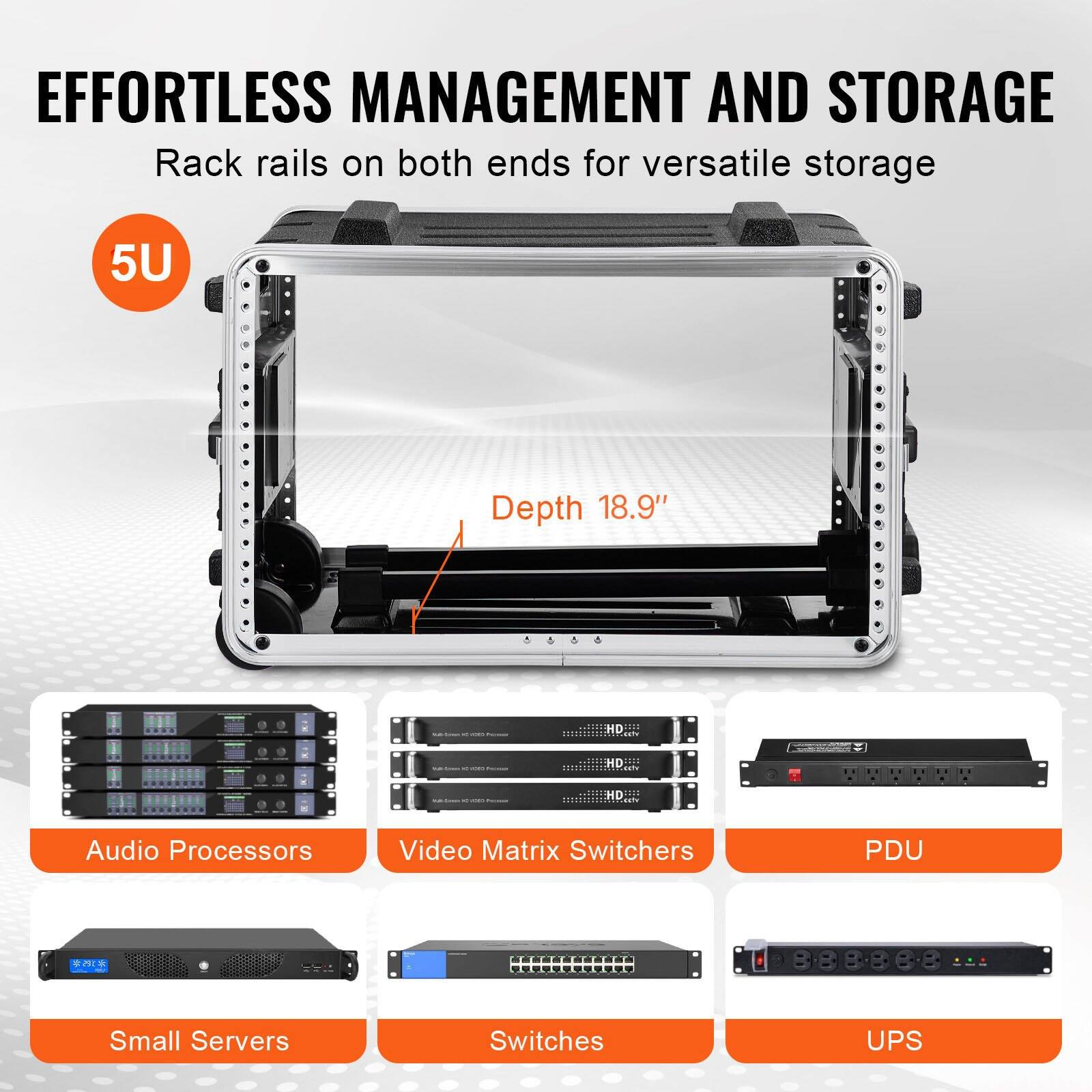 EFFORTLESS MANAGEMENT AND STORAGE  
Rack rails on both ends for versatile storage  

5U  
Depth 18.9"  

Audio Processors  
Video Matrix Switchers  
PDU  
Small Servers  
Switches  
UPS