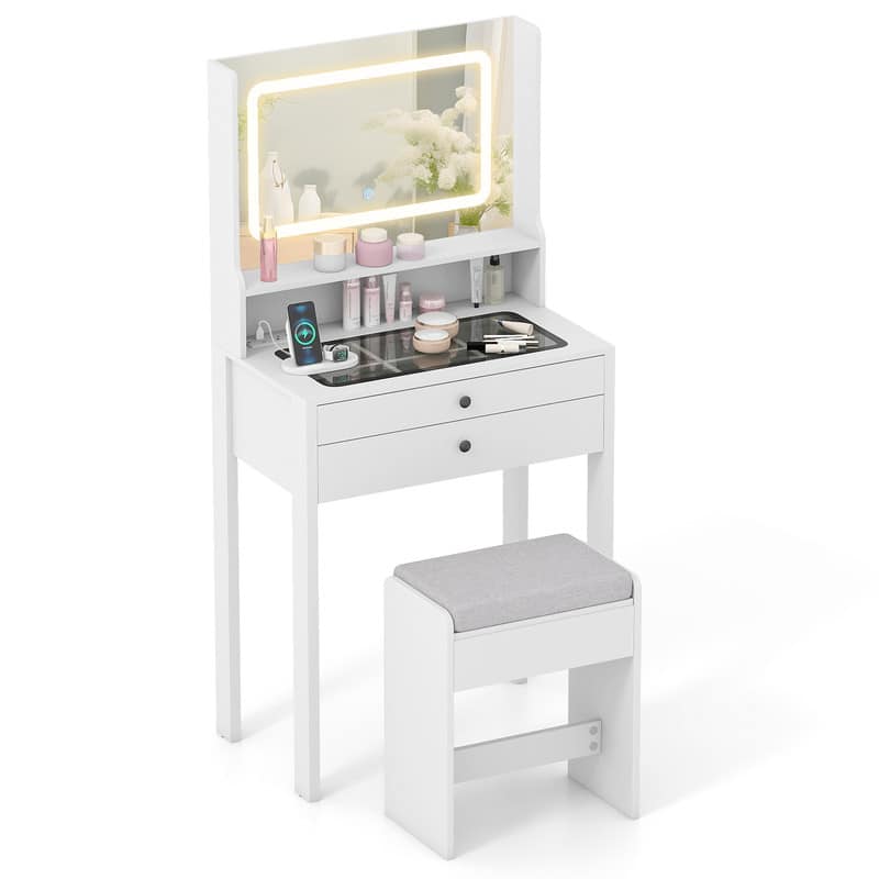 WELLFOR - Makeup Vanity Desk with 3‑Color Lighted Mirror, Built‑in Charging Station,Glass Tabletop and Padded Stool - White