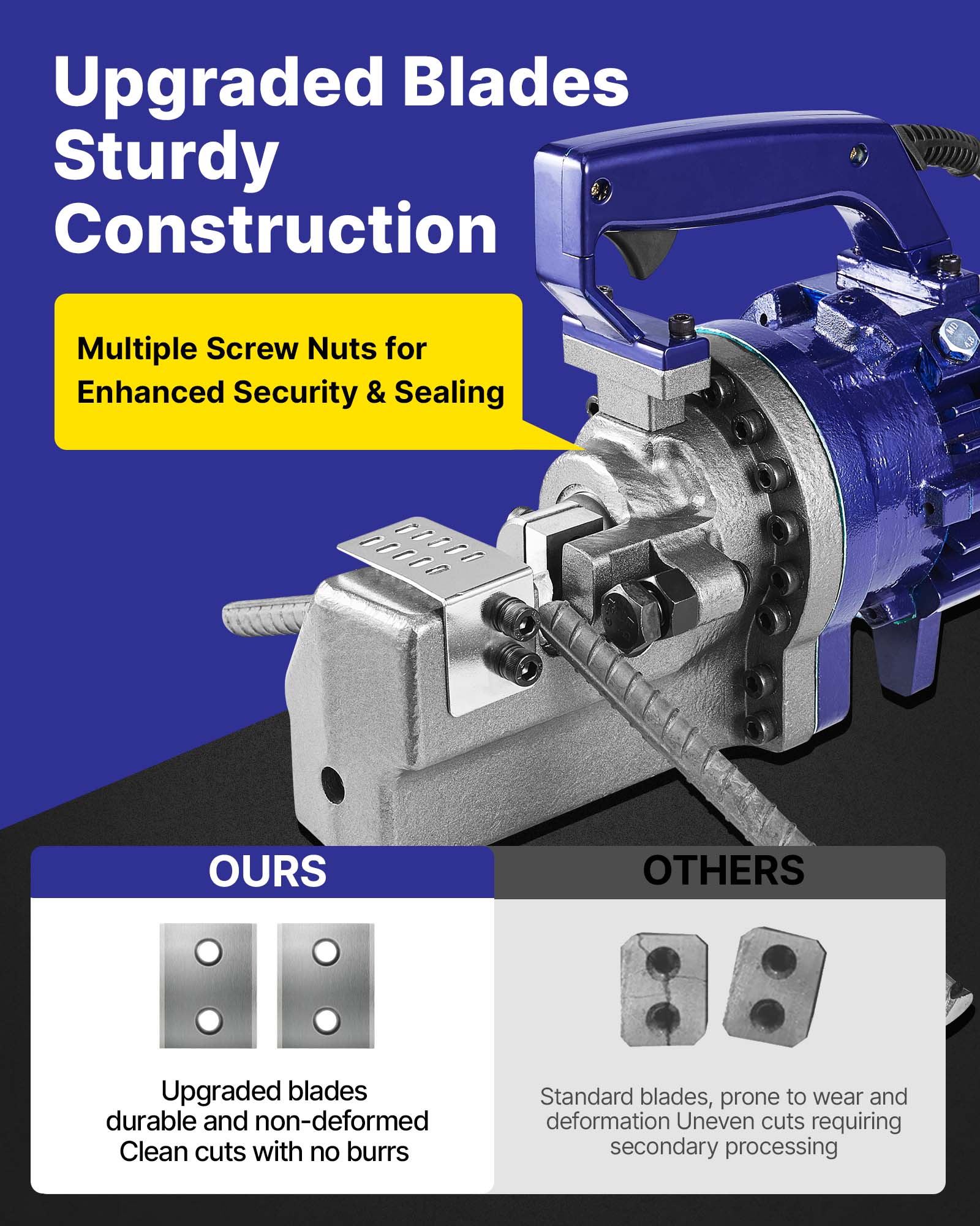Upgraded Blades  
Sturdy Construction  
Multiple Screw Nuts for Enhanced Security & Sealing  

OURS  
Upgraded blades durable and non-deformed  
Clean cuts with no burrs  

OTHERS  
Standard blades, prone to wear and deformation  
Uneven cuts requiring secondary processing