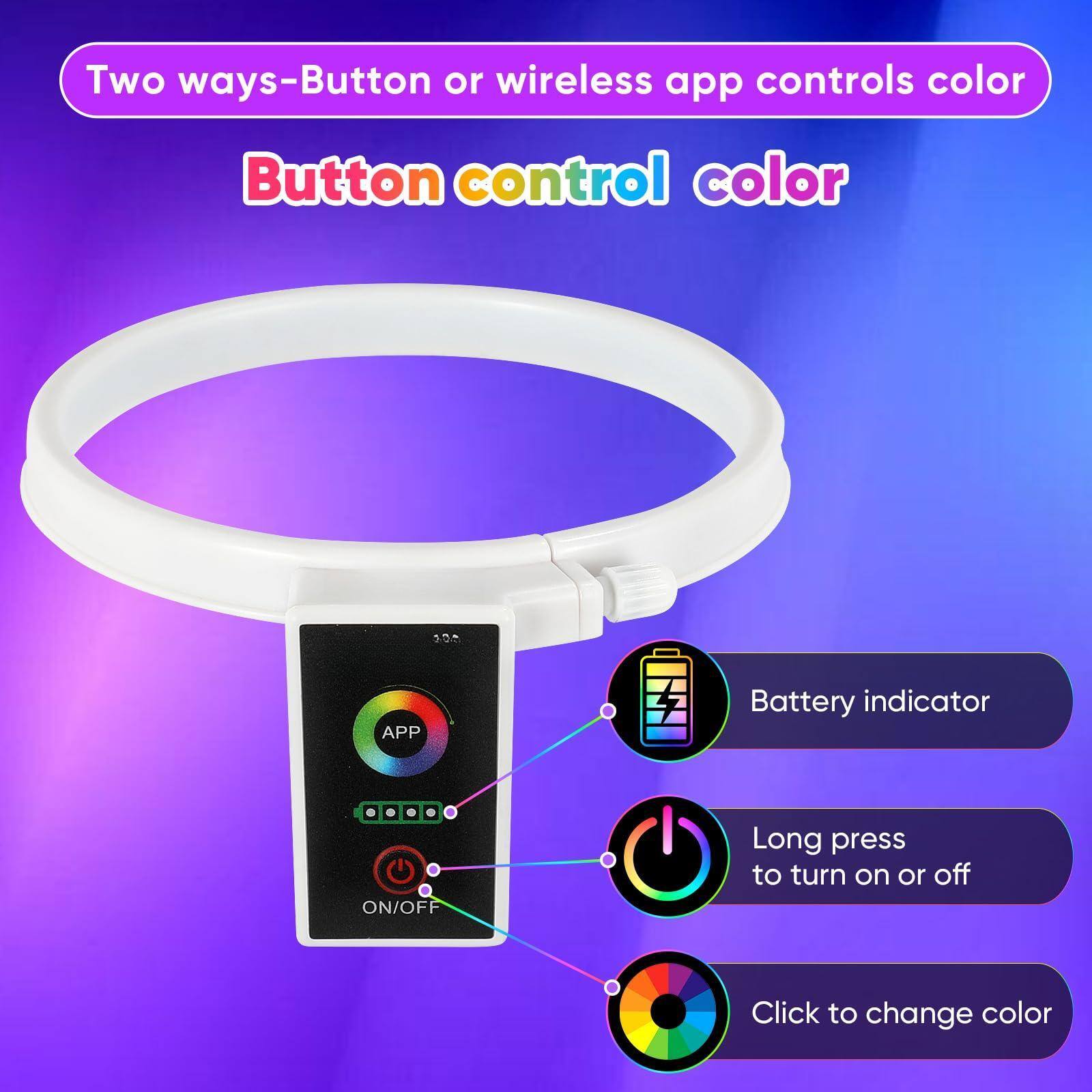 Two ways-Button or wireless app controls color

Button control color

- Battery indicator
- Long press to turn on or off
- Click to change color