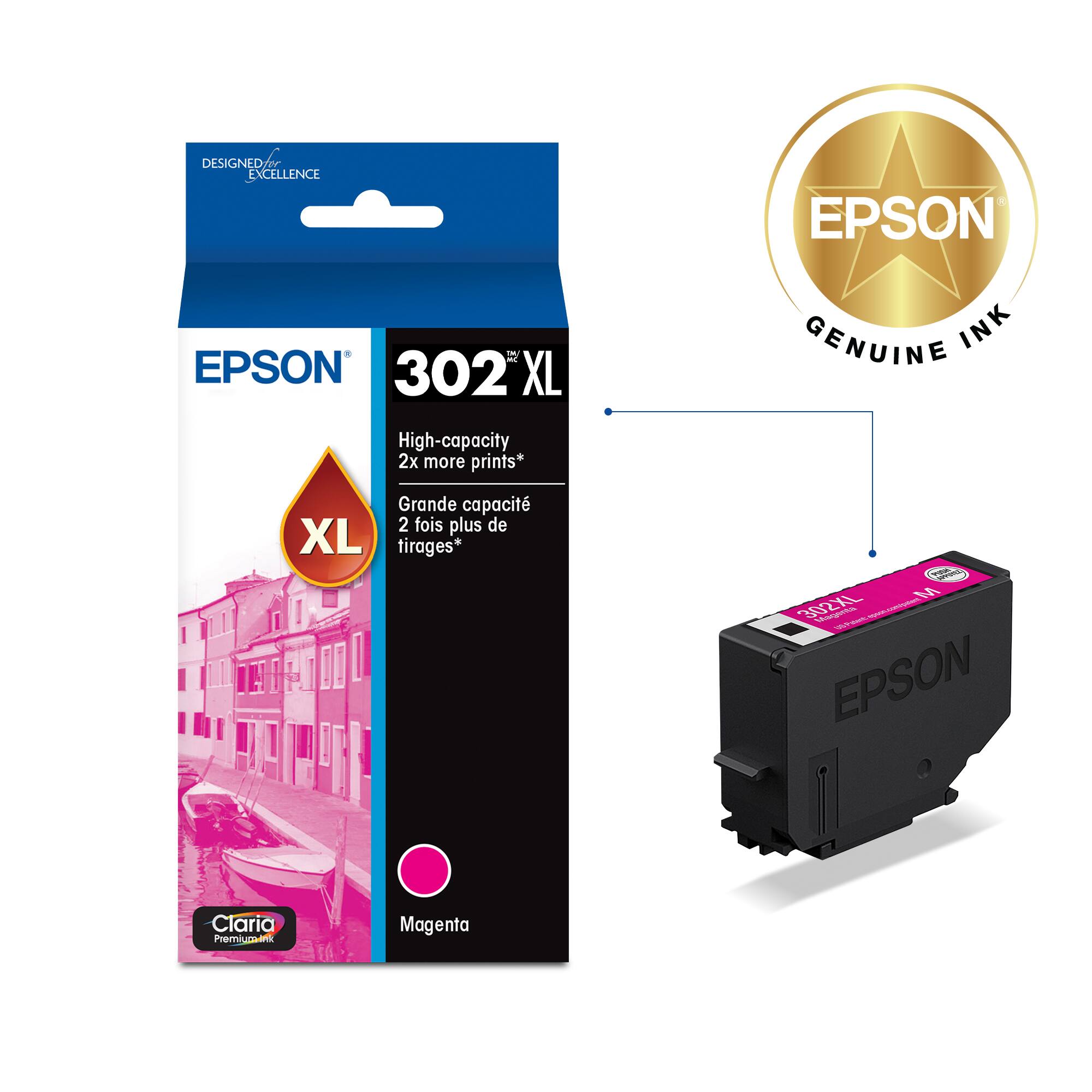 DESIGNED FOR EXCELLENCE  
EPSON  
302 XL  
High-capacity 2x more prints*  
Grande capacité 2 fois plus de tirages*  
Claria Premium Magenta  
EPSON GENUINE INK