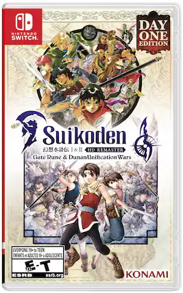 NINTENDO SWITCH. I DAY ONE EDITION Suikoden I&II HD REMASTER Gate Rune & Dunan Unification Wars EVERYONE 10+ to TEEN ENFANTS et ADULTES 10+ ADOLESCENTS E-T - 10+ ESRB esrb.org KONAMI - T (Teen 13+),E10+ (Everyone 10+)