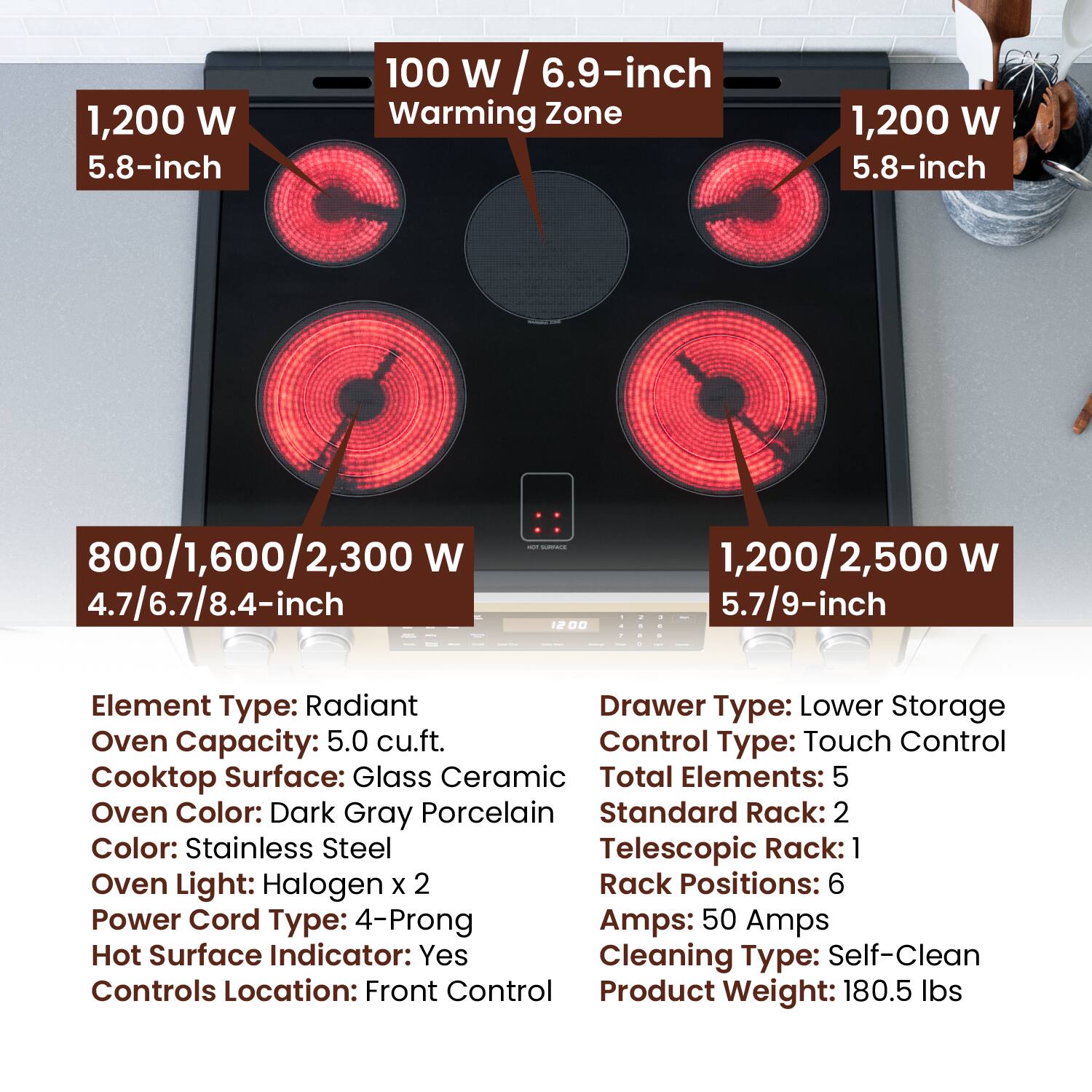 1,200 W 5.8-inch
100 W / 6.9-inch I Warming Zone
1,200 W 5.8-inch
800/1,600/2,300 W 4.7/6.7/8.4-inch
1,200/2,500 W 5.7/9-inch

Element Type: Radiant
Drawer Type: Lower Storage
Oven Capacity: 5.0 cu.ft.
Control Type: Touch Control
Cooktop Surface: Glass Ceramic
Total Elements: 5
Oven Color: Dark Gray Porcelain
Color: Stainless Steel
Oven Light: Halogen X 2
Standard Rack: 2
Telescopic Rack: 1
Rack Positions: 6
Power Cord Type: 4-Prong
Amps: 50 Amps
Hot Surface Indicator: Yes
Cleaning Type: Self-Clean
Controls Location: Front Control
Product Weight: 180.5 lbs