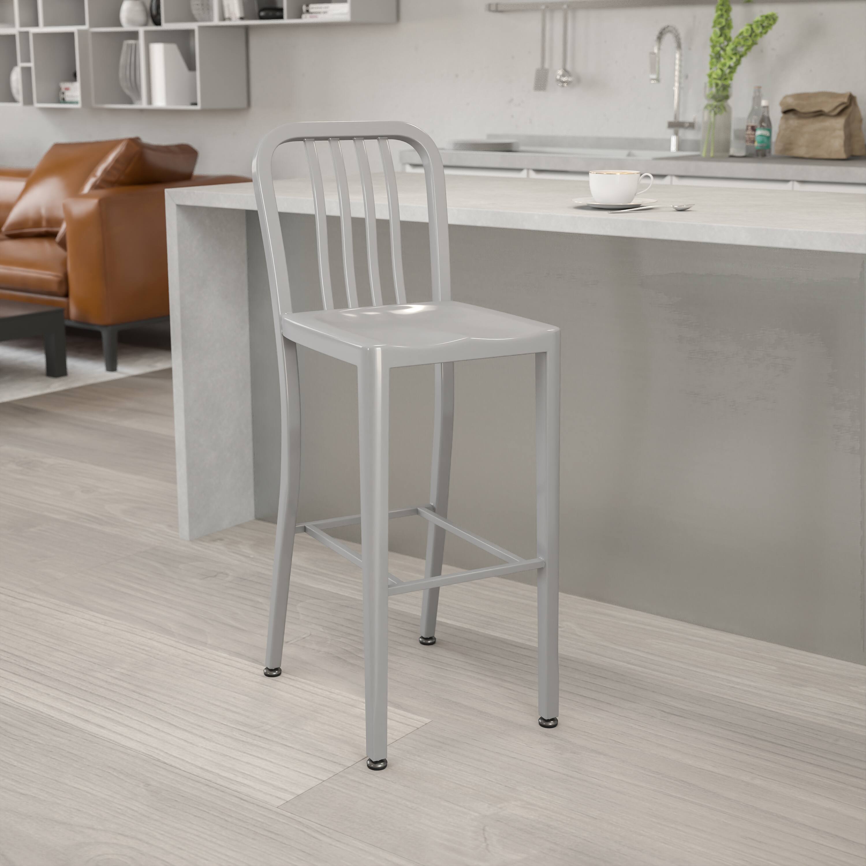 Alt View 1. Emma + Oliver - Commercial Grade 30"H Colorful Metal Indoor-Outdoor Vertical Slat Back Barstool - Silver.
