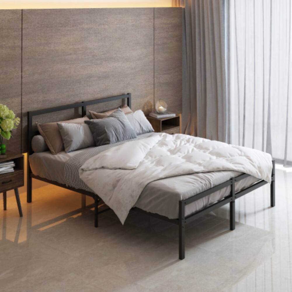 Angle. LUCKY ONE - Full Size Metal Platform Bed frame with Headboard, Sturdy Metal Frame - Black.
