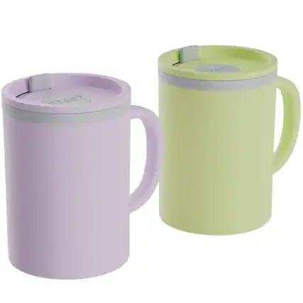 Front. Copco - Copco Insulated Coffee Mug Tumbler with Lid & Handle, 16oz, Double Wall, BPA-Free (Set of 2) - Purple/Yellow.