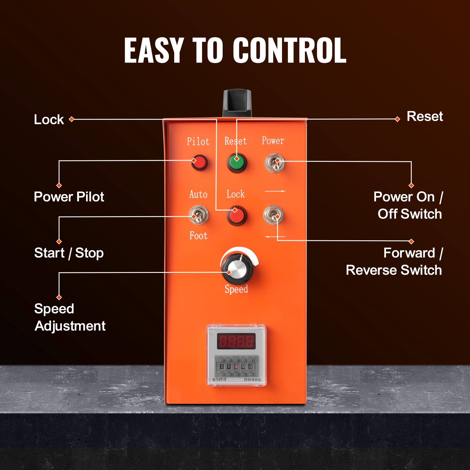 EASY TO CONTROL

- Lock
- Reset
- Pilot
- Reset
- Power
- Power Pilot
- Auto
- Lock
- Power On / Off Switch
- Start / Stop
- Speed Adjustment
- Foot
- Speed
- Forward / Reverse Switch

ASITE
DM48S