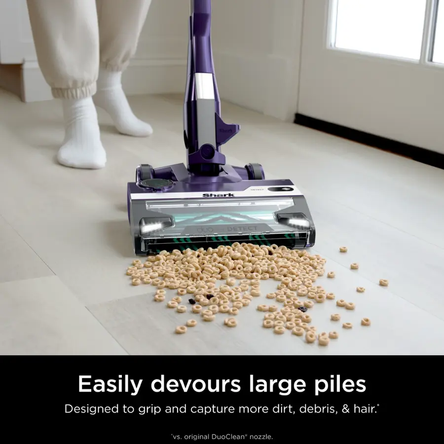 Shark Shork | duo | DETECT Easily devours large piles Designed to grip and capture more dirt, debris, & hair. vs. original DuoClean nozzle.