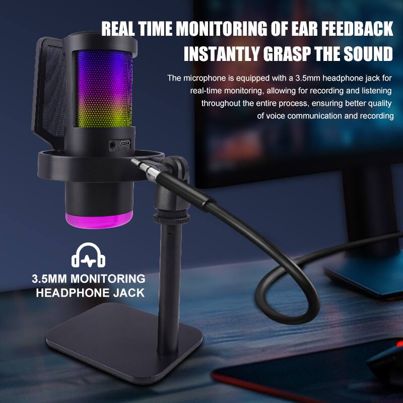REAL TIME MONITORING OF EAR FEEDBACK  
INSTANTLY GRASP THE SOUND  

The microphone is equipped with a 3.5mm headphone jack for real-time monitoring, allowing for recording and listening throughout the entire process, ensuring better quality of voice communication and recording  

3.5MM MONITORING HEADPHONE JACK