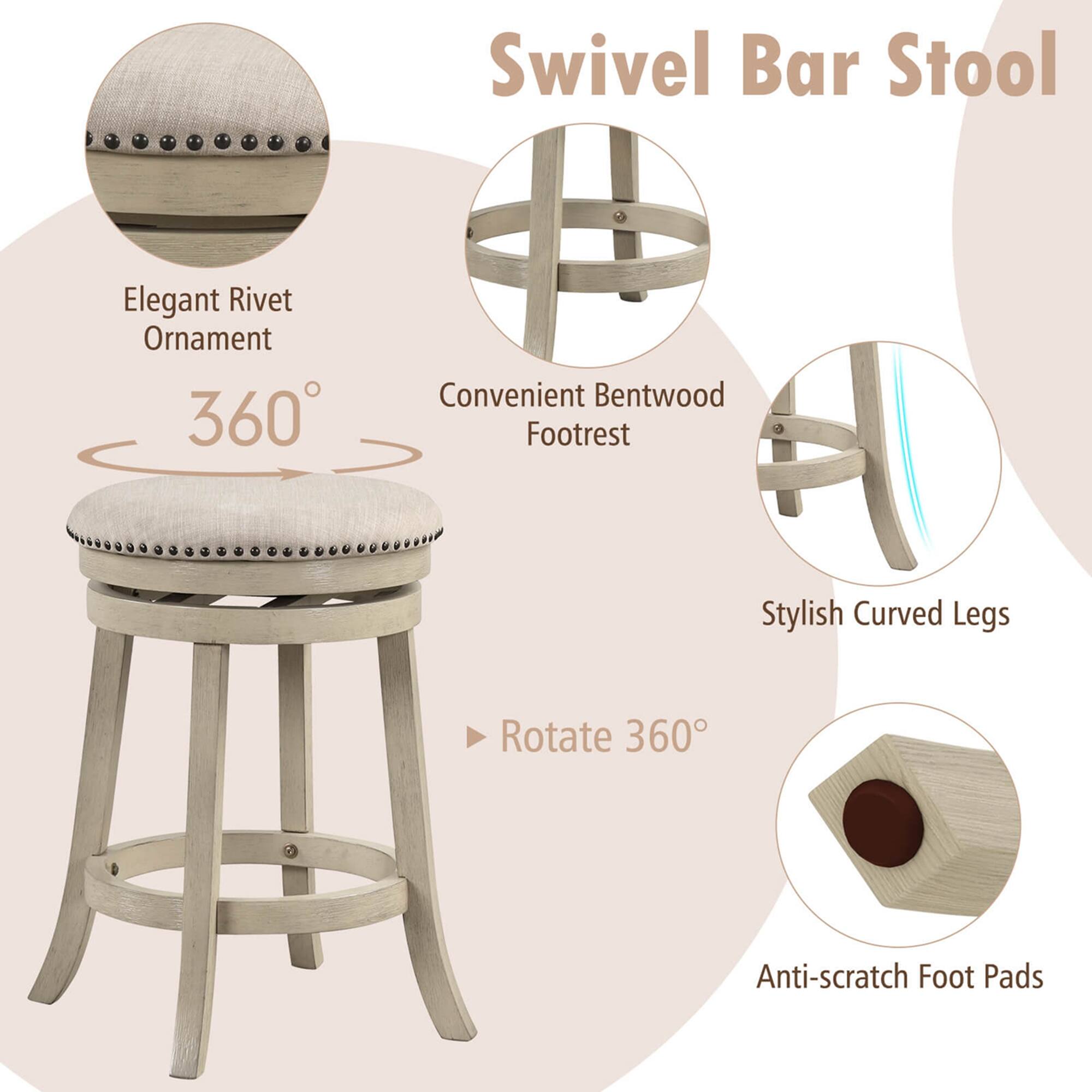 Swivel Bar Stool, Elegant Rivet Ornament, 360°, Convenient Bentwood Footrest, Stylish Curved Legs, Rotate 360°, Anti-scratch Foot Pads