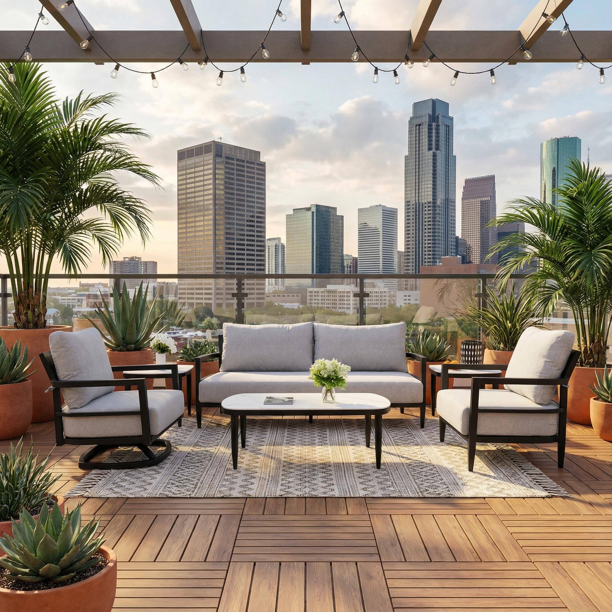 Angle. Mondawe - 6-Piece Outdoor Patio Set with Swivel Chair, Club Chair, Bench Sofa, Marble-Inspired Tables, and Sunbrella Cushions - Ember Black+Grey.