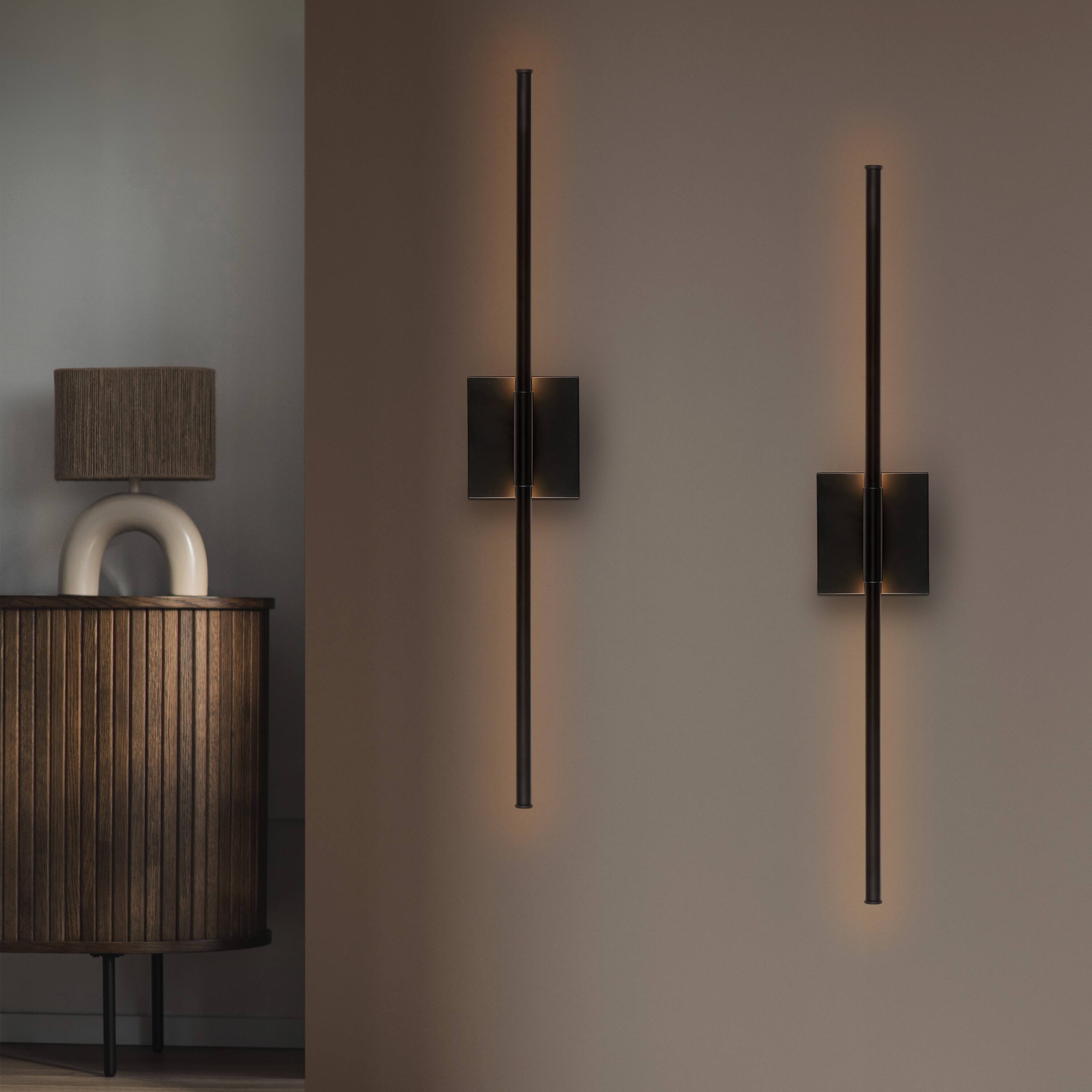 Alt View 4. Jonathan Y - Makena 28" Modern Minimalist Dimmable Integrated LED Metal Wall Sconce, Black (Set of 2) - Black.