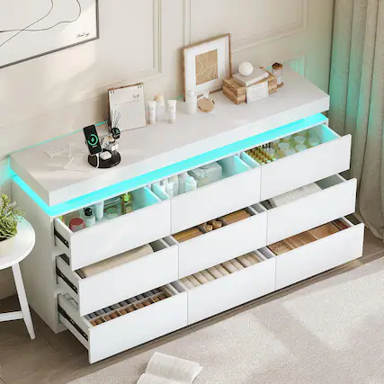 Front. Vipbear - Vipbear Dyonery 9 Drawer Dresser with Power Outlet LED Light Organizer Cabinet, Modern Chest of Drawers for Closet - White.