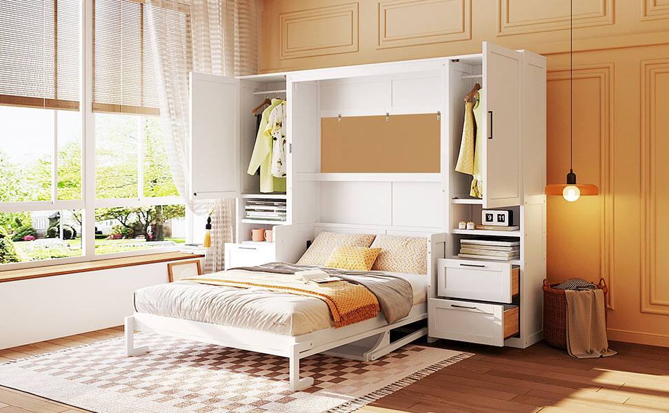 Left. Tiramisubest - Full Size White Murphy Bed with Closet, Drawers & Shelves, MDF+LVL, 107x18x82 inches, 395 lbs - White.