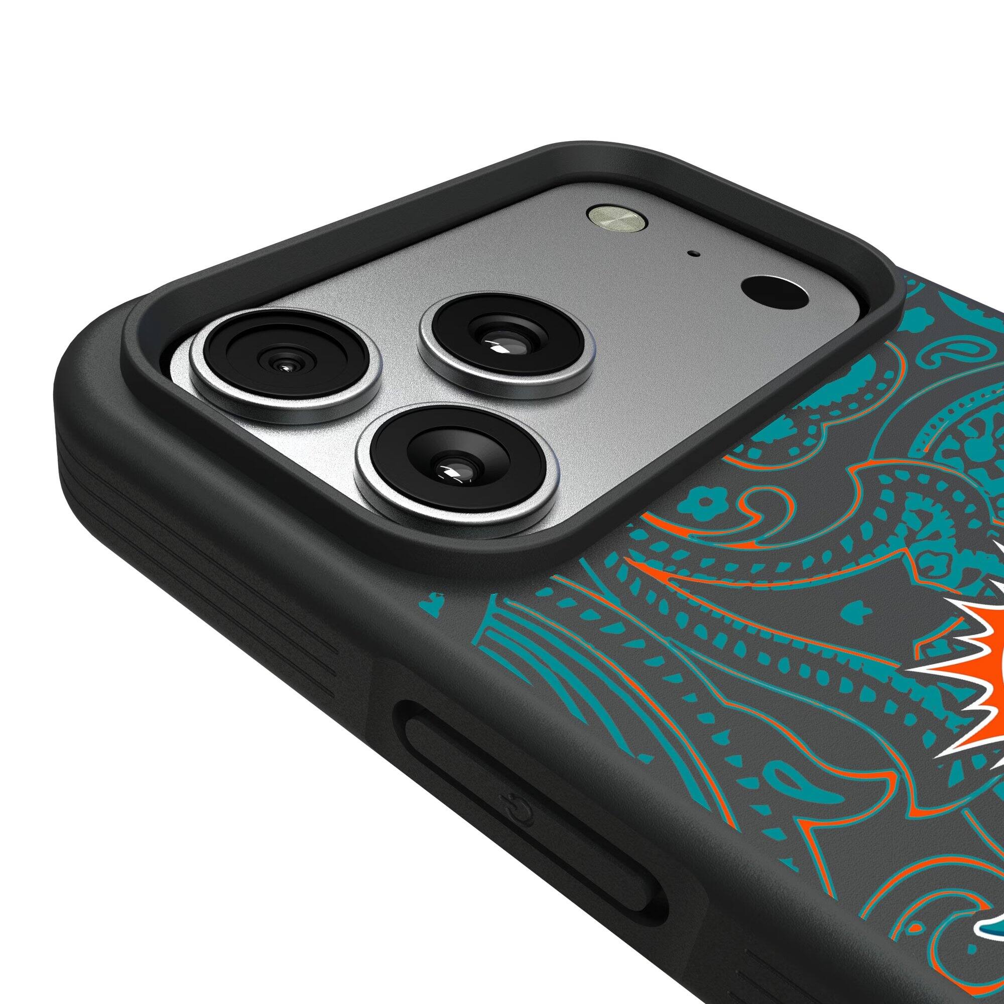 Alt View 2. Keyscaper - Miami Dolphins iPhone Paisley Design Bump Case - 15 Pro Max - Multicolor.