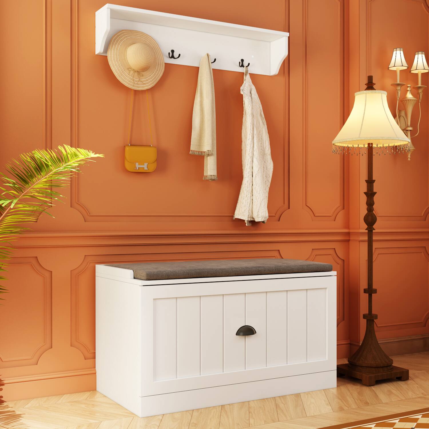 Left. FUFU&GAGA - Entryway Storage Bench with Cushion and Wall Hooks Organizer with Shelf for Shoes Coats and Daily Essentials - White.