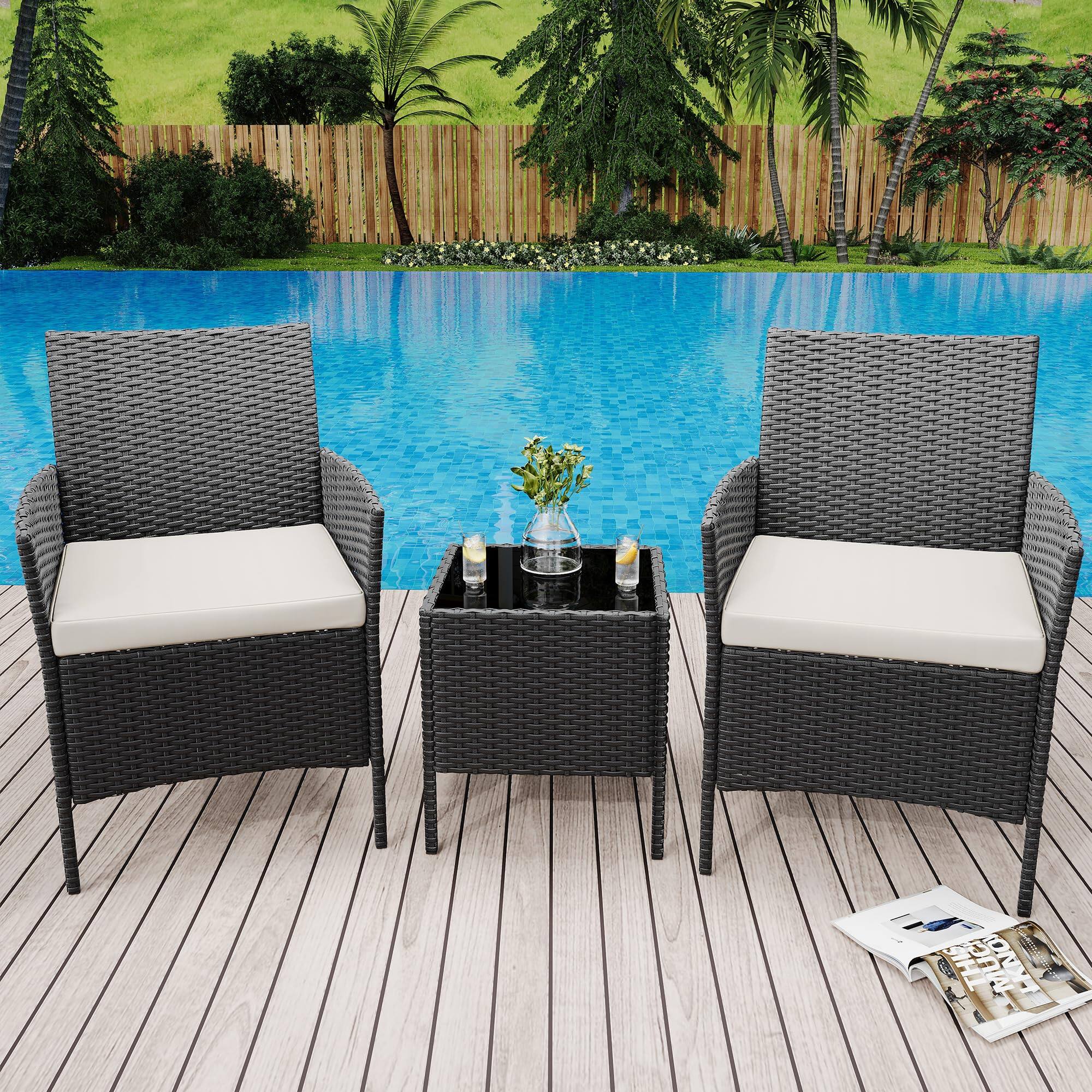 Back. Homhougo - 3 Pieces Outdoor Patio Furniture Sets, Rattan Patio Table and Chairs Set Black and Beige - Black.