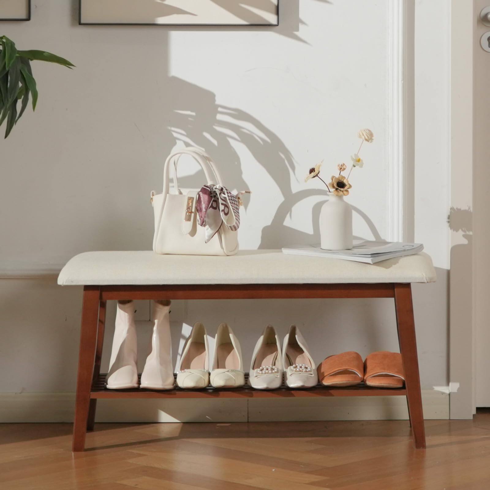 Alt View 5. JETRANSPORT - Entryway Shoe Bench 35.4" For Bedroom End Of Bed 2-tier Rack With Cushion Padded Seat Organizer Stable Entry - Nut-brown 35 4 inch.