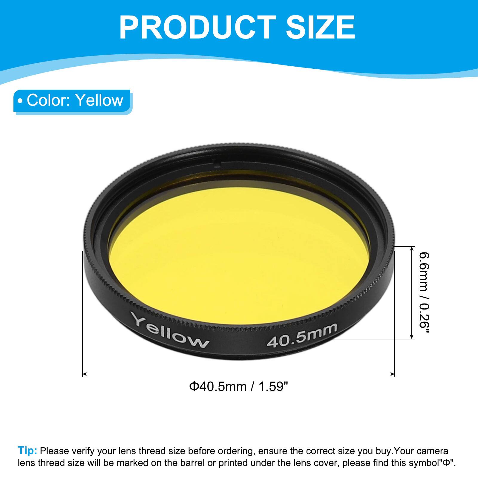 PRODUCT SIZE

- Color: Yellow

- Diameter: 40.5mm / 1.59"
- Thickness: 6.6mm / 0.26"

Tip: Please verify your lens thread size before ordering, ensure the correct size you buy. Your camera lens thread size will be marked on the barrel or printed under the lens cover, please find this symbol "Φ".